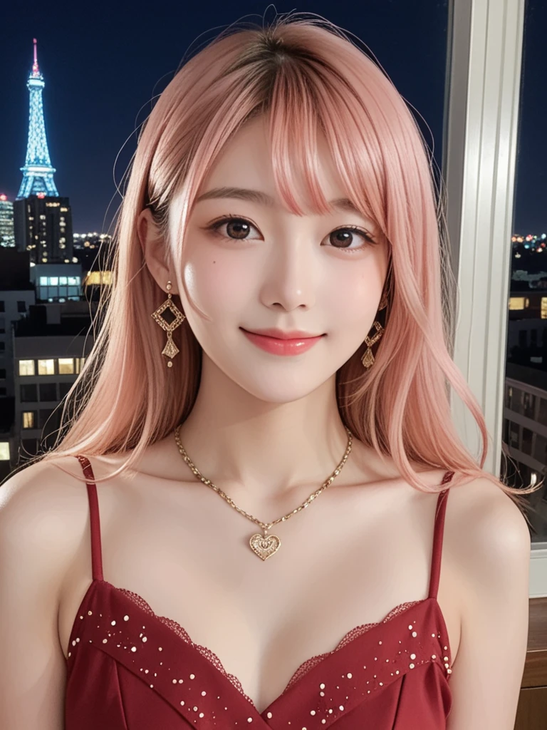 8k, real, realistic , super concentration , Japanese, cute girl,Cute idol,Under-eye bags makeup, cute face,A kind smile,Adult Atmosphere ,Sparkling, smiles, long white pink hair , Red Dress ,new york, luxury hotel, Suite,High floors, night view from window ,neon,夜景がSparkling, natural light, wearing a gold necklace , wearing a gold bracelet, wearing gold earrings .