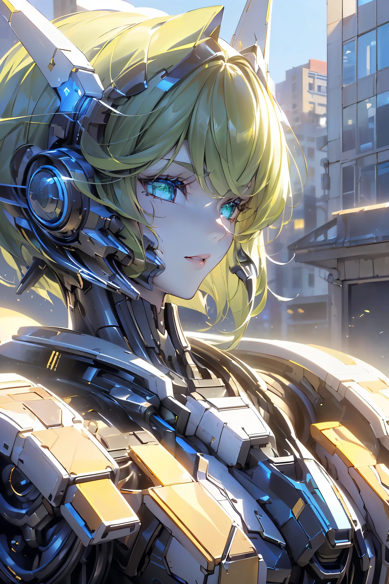 (((Best quality, 8k, Masterpiece: 1.3)), ((best quality)), ((masterpiece)), (detailed), perfect face, perfect body, (detailed skin:1.3), (intricate details), Sci-fi, android, mechanical arms, metallic body, streamlined body, lime green hair, glittering even to the tips, Ruined city and buildings, sunset, Cyberspace, a highly functional mechanical body