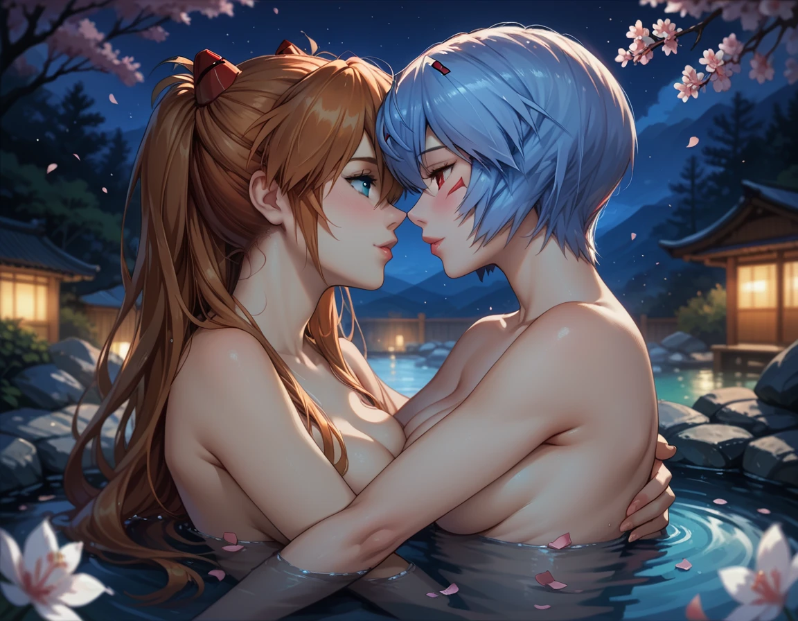 score_9, score_8_up, score_7_up, 2girls, duo, couple, yuri, beautiful waifu, mature sexy women, very sexy (Asuka Langley Soryu:1.3), and very sexy (Rei Ayanami:1.4), naked, detailed eyes, detailed face, submerged, embracing, (lips so close, almost touching:1.2), in love, aroused, in beautiful Kyoto Onsen, cherry blossoms, lowlight, (night:1.3), shallow depth of field, perfect hands, perfect anatomy.