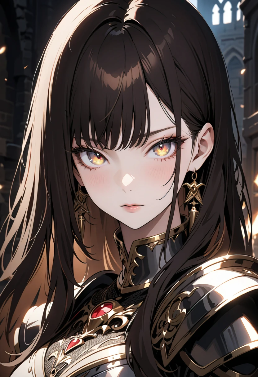 1girl, (Portrait of a beautiful girl, dark fantasy), (brave female Knight, wearing metal armor), attractive face, elegant, gorgeous, luxurious, detailed beautiful face, glowing eyes, light reflecting in the eyes. (finely detailed beautiful eyes: 1.2), double eyelids, (eyelash: 1.2), (eye shadow: 1.2), (straight hair, brown hair, bangs), BREAK, 
elegant, gorgeous, stunning, delicate features, (at a medieval european castle), BREAK, 
(upper body), (close up of face, detailed depiction of the face, from front, looking at viewer:1.3, face focus), deep depth of field, broad lighting, cinematic composition, fascinating, enchanting, 
absurdres, highres, masterpiece, best quality, newest, very aesthetic, ultra quality, high detailed, anatomically correct, perfect hands, 