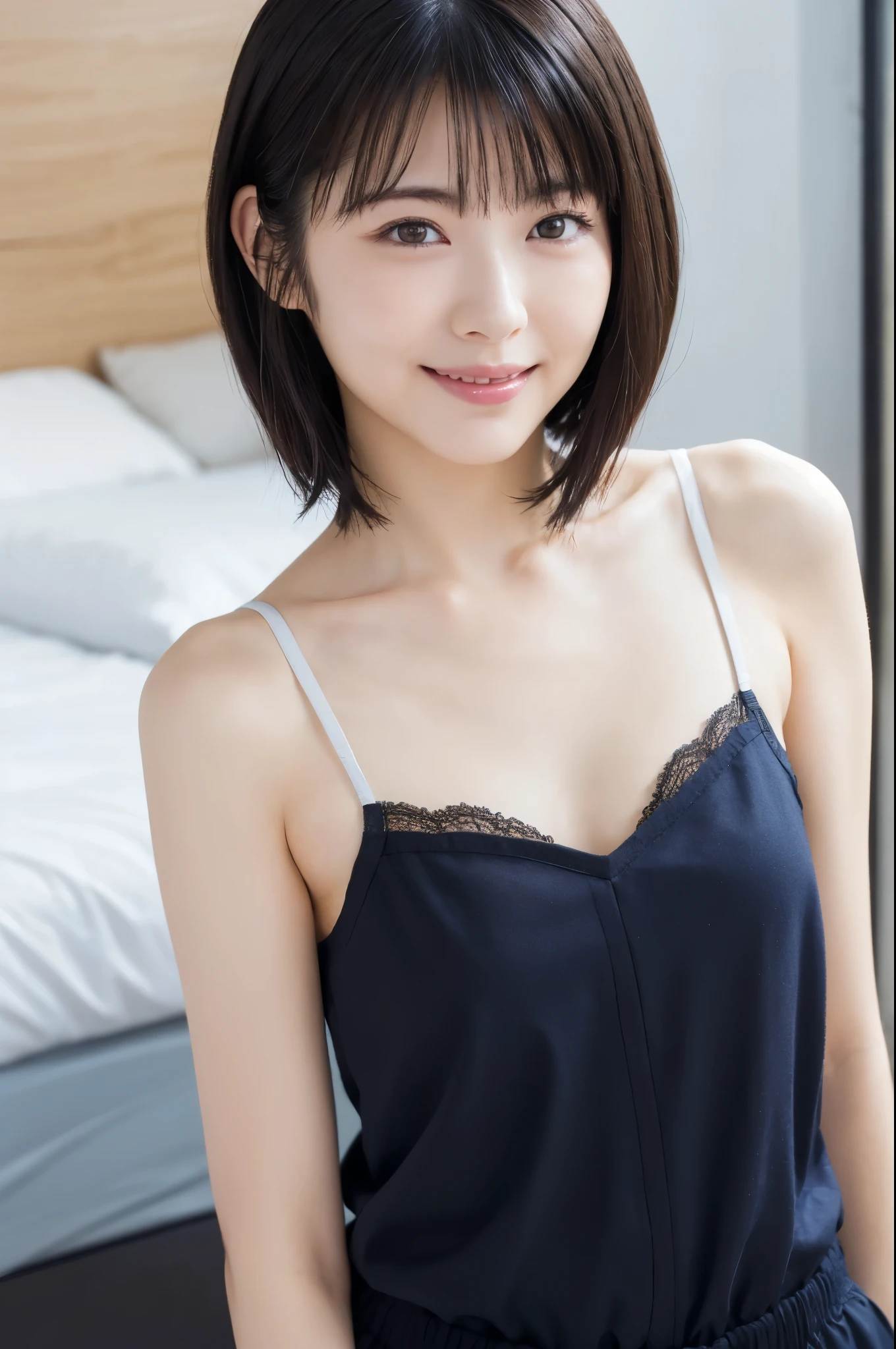 ( super beautiful girl :1.2), neat and clean woman , Masterpiece , top quality, Great Skin, delicate face, cool smile, Young Face, clean looking , sparkling eyes , double eyelids 、 (( high definition )), (( High Definition CG Unity 8K Wallpaper )), short hair, bangs, elegant rounded bob, the face is facing the front 、 Woman wearing a pastel colored camisole、 An attractive and captivating , dim room, sentimental、Take a picture above the crotch、( thin)