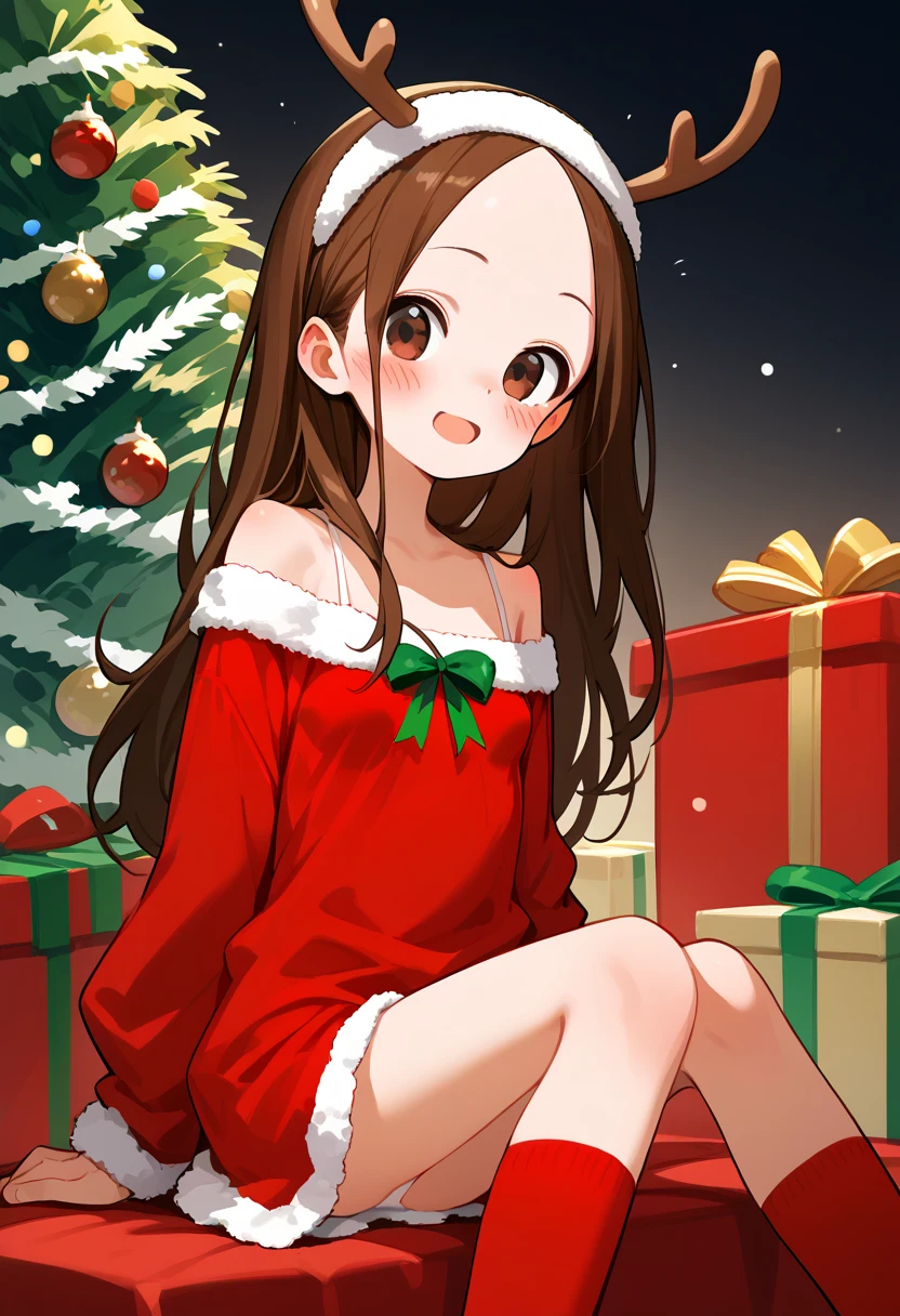 best quality, high resolution, 8k, alone, ((blush:1.5)), small breasts, happy smile, christmas dress, reindeer headband, mini skirt, christmas background, christmas prsent, sitting on the bed, christmas night, christmas big tree, (atakagi, long hair, brown hair, brown eyes, forehead, straight hair), knees to chest, panty shot, white panties, off shoulder, open mouth, ;d