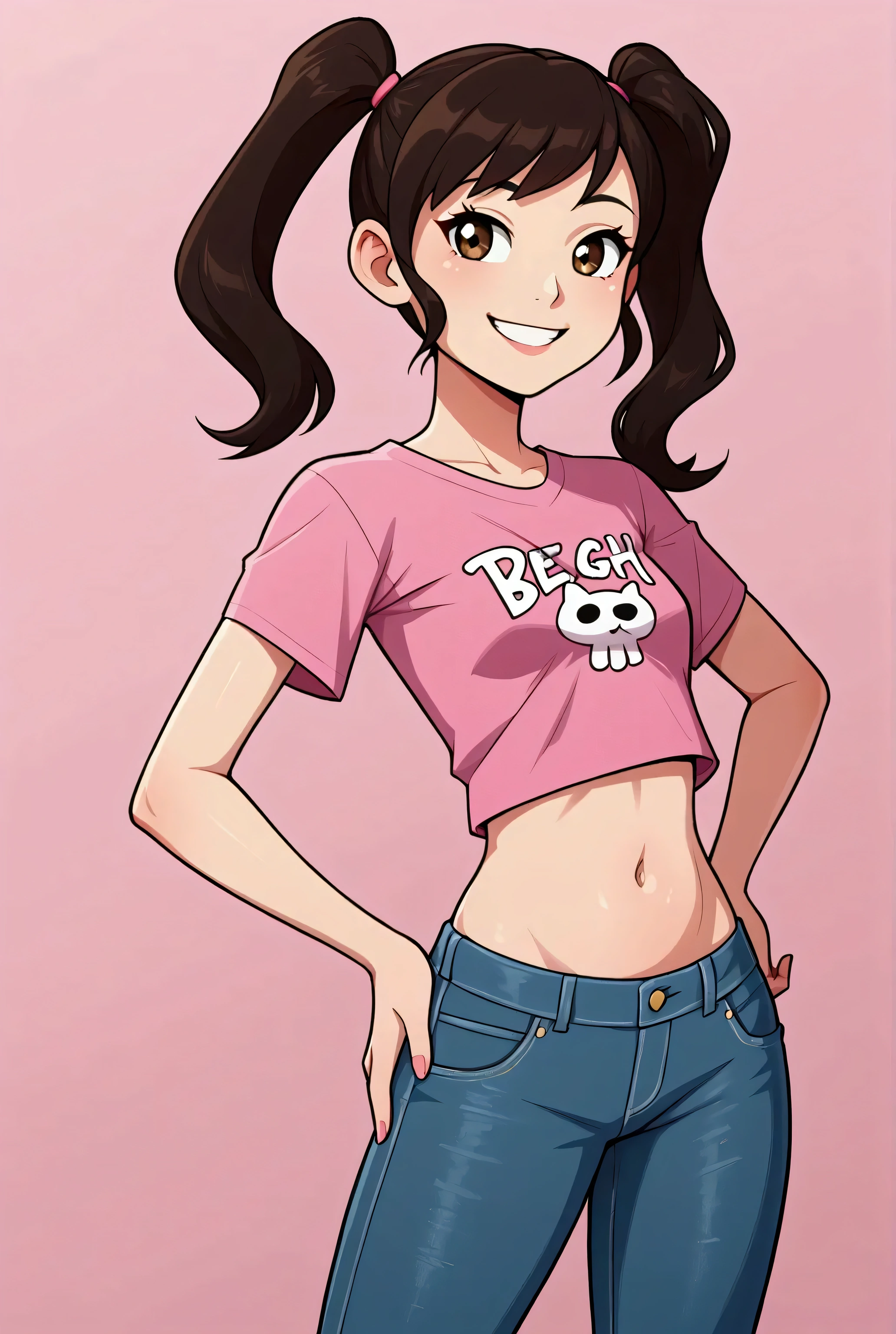 Asian girl, 1girl, twintails, jeans, taut pink t-shirt, midriff, belly, navel, smile