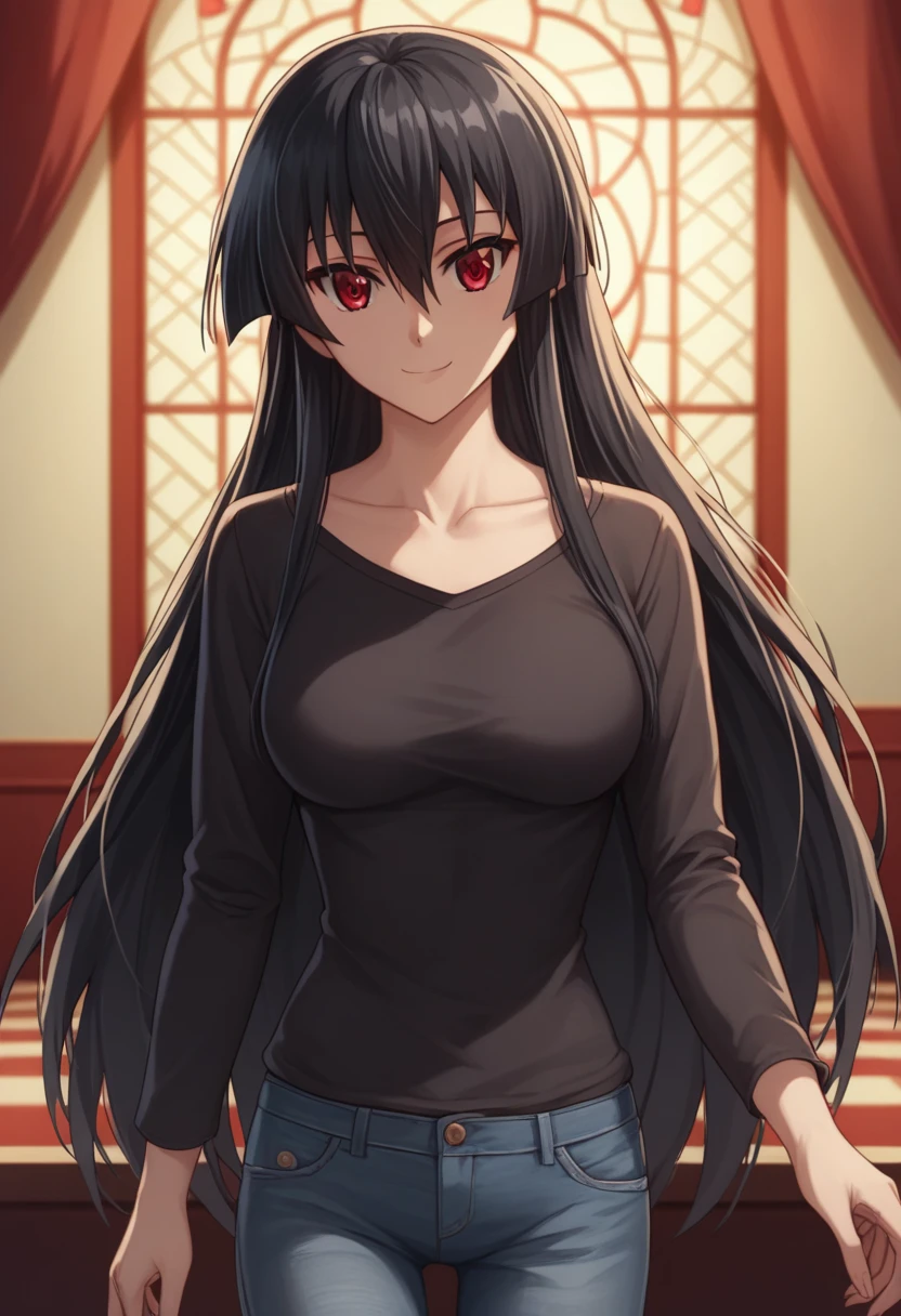 1girl, solo,akame, long hair, black hair, red eyes, hair between eyes,smile,BREAK shirt, long sleeves, collarbone, black shirt, pants, denim,BREAK indoors,looking at viewer, (cowboy shot:1.5),(masterpiece:1.2), best quality, high resolution, unity 8k wallpaper, (illustration:0.8), (beautiful detailed eyes:1.6), extremely detailed face, perfect lighting, extremely detailed CG, (perfect hands, perfect anatomy)