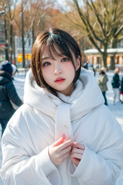 winter, urban area, Tokyo, in the day, gorgeous cityscape, amid the crowd, snowly on the park, dressed in winter fashion, hands behind own back, tilt head forward, fidgeting, expression of heart is pounding with tension, blushing, medium length hair, pale blue and white hair, hair fluttering in the wind, beautiful white-colored translucent skin, slendar figure, adult sexiness, alluring, glossy face, cold and shivering, breathing onto own hands, {realistic}, {cinematic}, {photogenic}