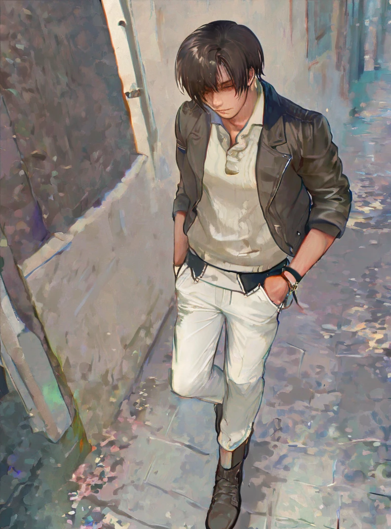 amazing quality, best quality, 1boy，short brown hair, white leather jacket with notched collar, oversized white pants, ankle boots, gray sweater, standing and smoking, hand in pocket, cowboy shot,solo, persperctive, dutch angle