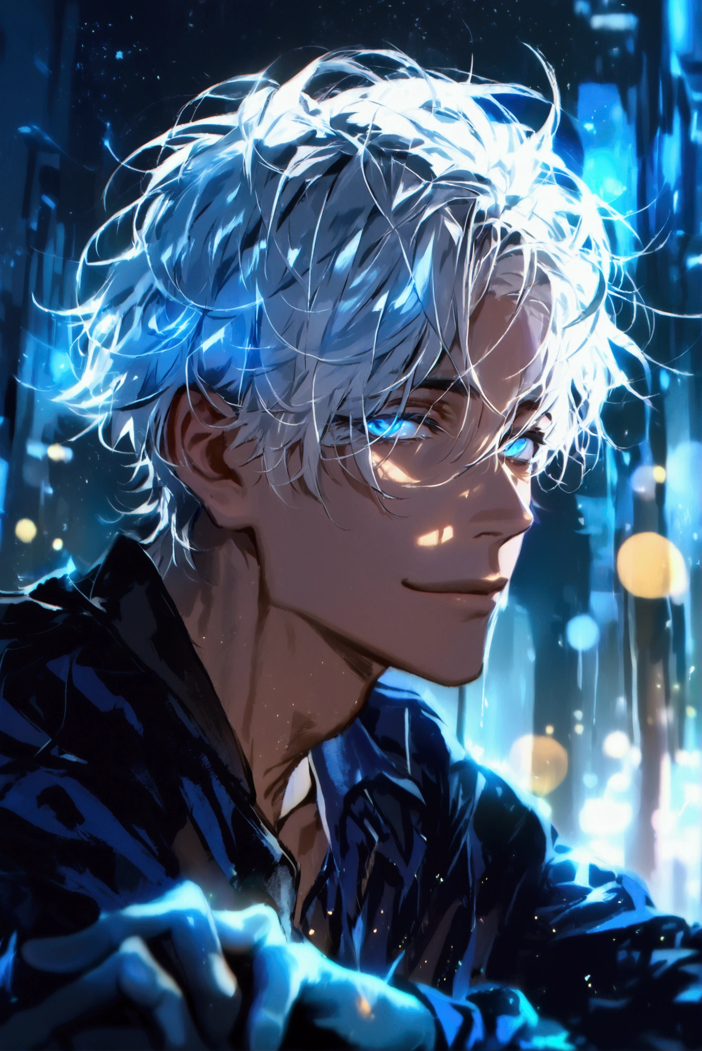 (solo), (1 male), (1 man), handsome men, (one man with white hair with dark blue inner hair color, blue eyes), short hair, messy hair,smile,((masterpiece)), (dark background: 1.3), (stylish), dynamic angle, (detailed face, detailed eyes, proportional hands, proportional anatomy), sitting in a relaxed pose, sinister atmosphere,young