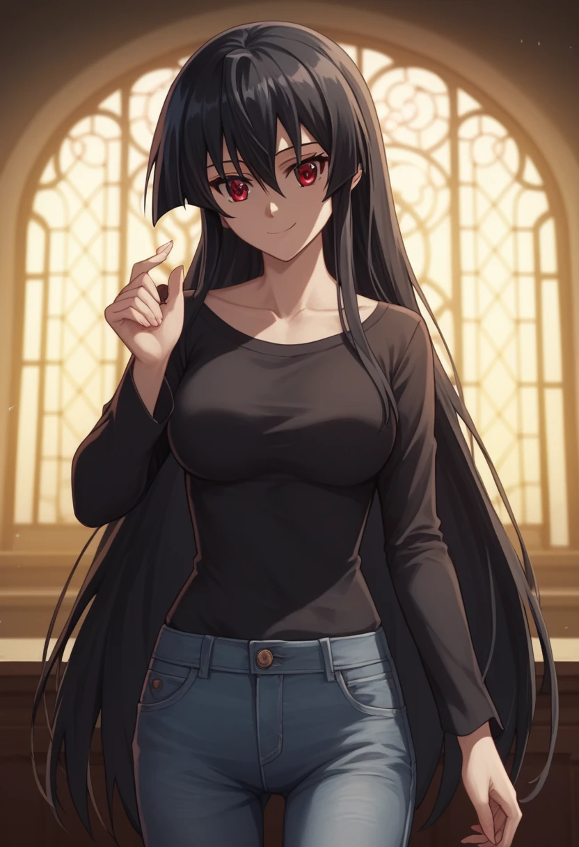 1girl, solo,akame, long hair, black hair, red eyes, hair between eyes,smile,BREAK shirt, long sleeves, collarbone, black shirt, pants, denim,BREAK indoors,looking at viewer, (cowboy shot:1.5),(masterpiece:1.2), best quality, high resolution, unity 8k wallpaper, (illustration:0.8), (beautiful detailed eyes:1.6), extremely detailed face, perfect lighting, extremely detailed CG, (perfect hands, perfect anatomy)