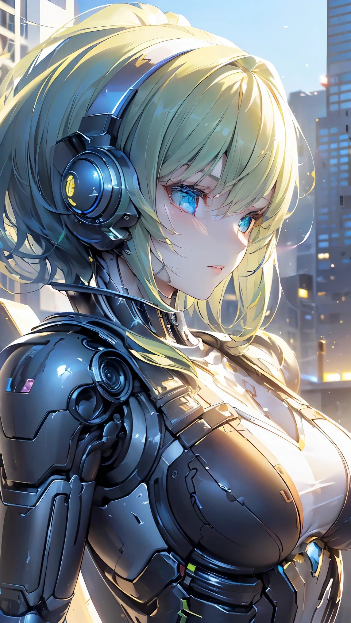 (((Best quality, 8k, Masterpiece: 1.3)), ((best quality)), ((masterpiece)), (detailed), perfect face, perfect body, (detailed skin:1.3), (intricate details), Sci-fi, android, mechanical arms, metallic body, streamlined body, lime green hair, glittering even to the tips, Ruined city and buildings, sunset, Cyberspace, a highly functional mechanical body