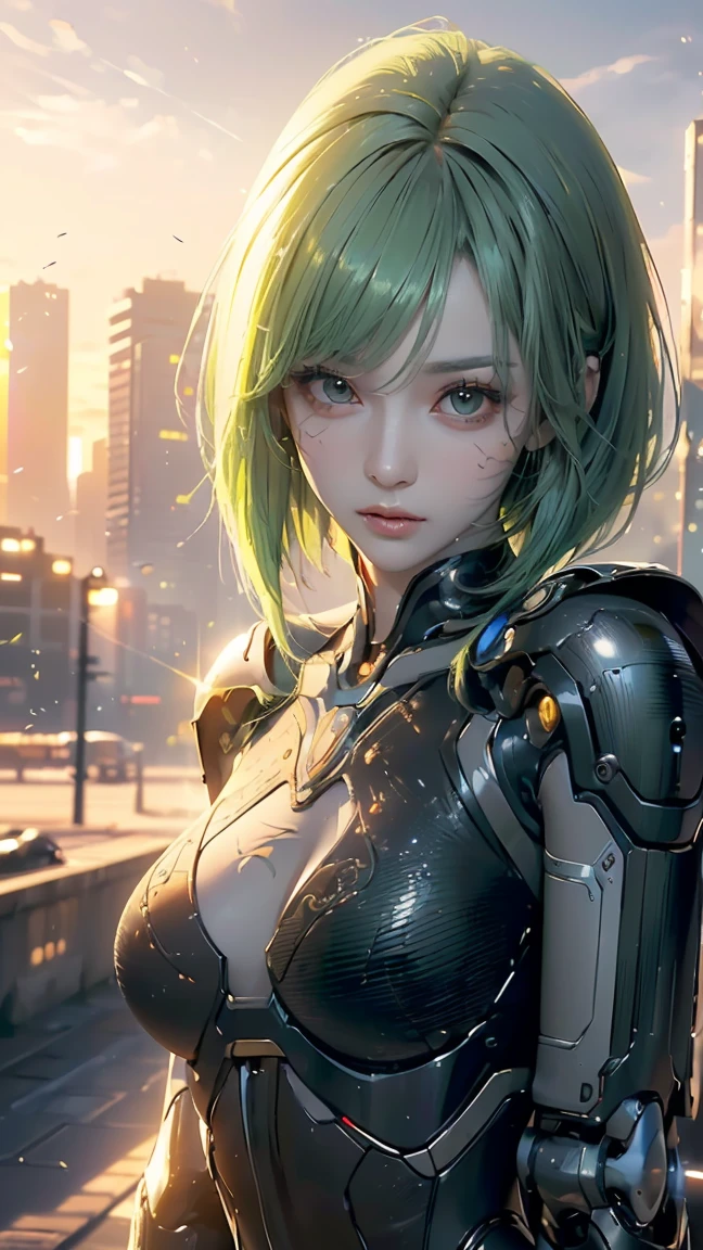 (((Best quality, 8k, Masterpiece: 1.3)), ((best quality)), ((masterpiece)), (detailed), perfect face, perfect body, (detailed skin:1.3), (intricate details), Sci-fi, android, mechanical arms, metallic body, streamlined body, lime green hair, glittering even to the tips, Ruined city and buildings, sunset, Cyberspace, a highly functional mechanical body