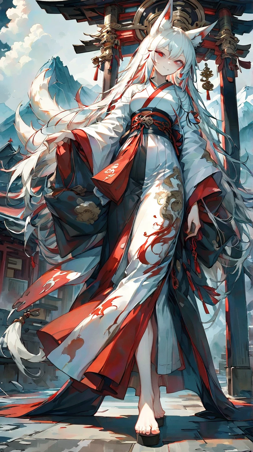 Masterpiece, highest resolution, highest quality, detailed depiction, beautiful, art, watercolor style, Japanese yokai, ((full body shot)),((nine-tailed fox)),front shot 、 Show me all the way to the toes、 anthropomorphized fox, fair skin, slender eyes with distinct red eyeliner, Beautiful silver hair, long hair, fox ears emerging from the head, beautiful white and red kimono,long kimono,  I can only see my toes from my kimono、I'm wearing black clogs 、cool beauty, midnight,   looking at a shrine 、smile、full body shot,Mountain Background、 4K graphics.