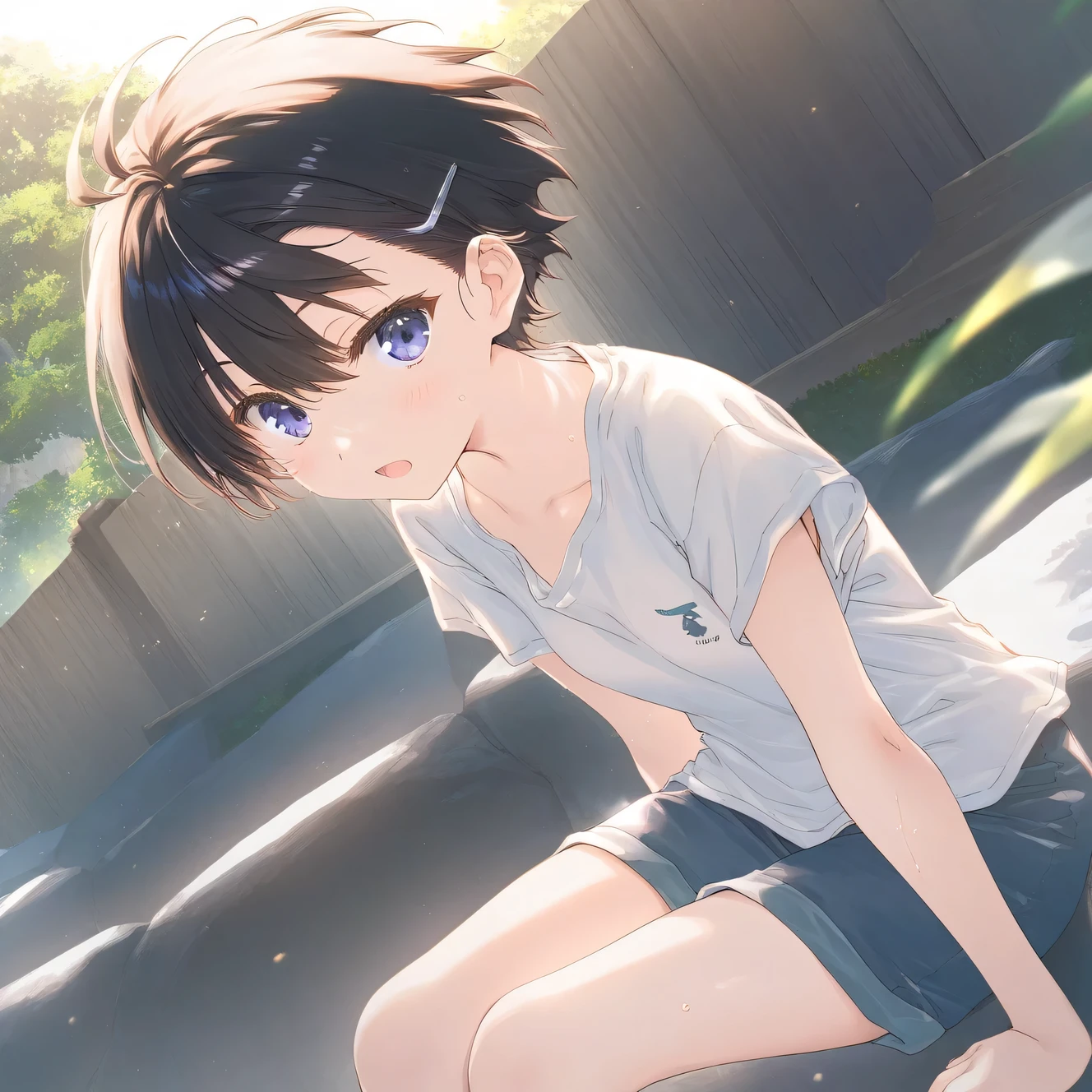 1girl, female, tomboy, flat chest, sweat, shorts,beautiful detailed eyes,open mouth, outdoors,wind, game CG, break,(artist:mitsumi_misato),artist:fujiyama,artist:aquaplus, break,(masterpiece), (best quality), (ultra-detailed),(Detailed Lighting), very aesthetic, newest, beauty illustration,super detailed skin, (masterpiece), (best quality), (ultra-detailed), very aesthetic lighting,newest ,hi res,absurd_res,shiny skin,2023, shaded,digital media (artwork), realistic lighting, 16k, 8k,highres, source_anime, official_art, photoshop_(medium)