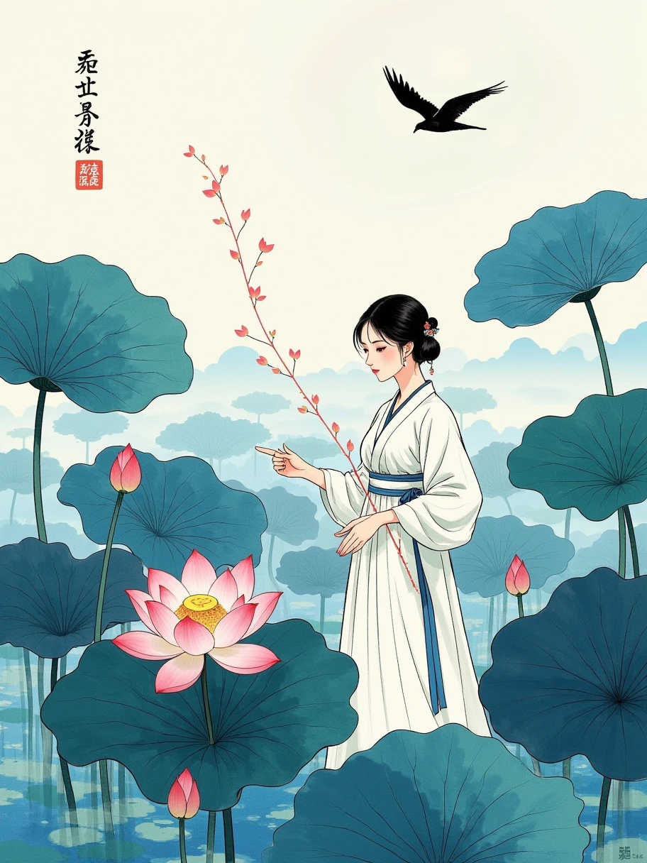  new Chinese simplicity 插画， ink painting art ，huge lotus leaf ， painting white short-sleeved dress with small center short haired girl， indigo and white main color ， minimalism ，Capitalization，White Space，cure，Zen，artistic conception， translucent luminescence ，Gradient， pink thread decorative molding ，Beautiful rhythm ， new Chinese simplicity 
