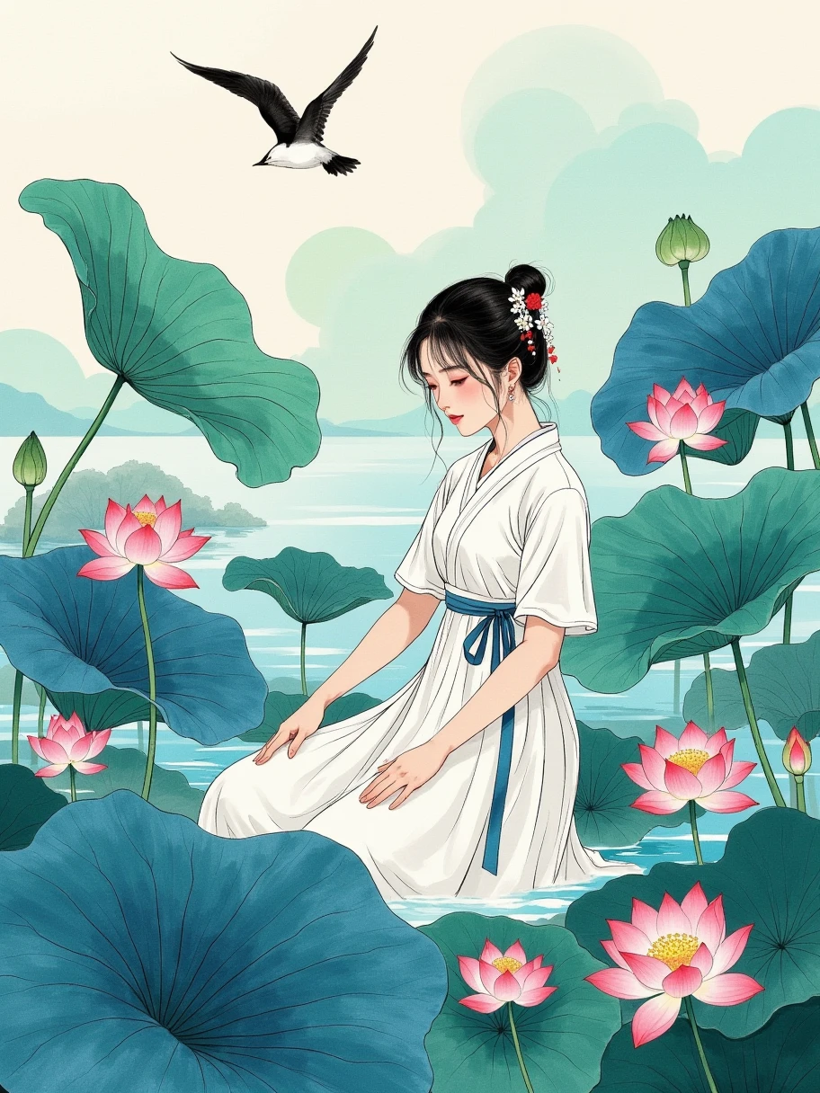  new Chinese simplicity 插画， ink painting art ，huge lotus leaf ， painting white short-sleeved dress with small center short haired girl， indigo and white main color ， minimalism ，Capitalization，White Space，cure，Zen，artistic conception， translucent luminescence ，Gradient， pink thread decorative molding ，Beautiful rhythm ， new Chinese simplicity 
