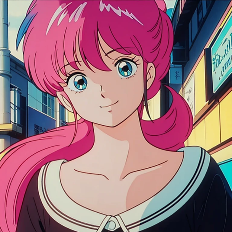  High Quality ,   Masterpiece ,　 pink hair ,  1 girl , smile, smile, 80&#39;s anime vibe, style of Macro,   I'm studying 80s anime style,   80s anime art style  , Macro, 1980's anime style
