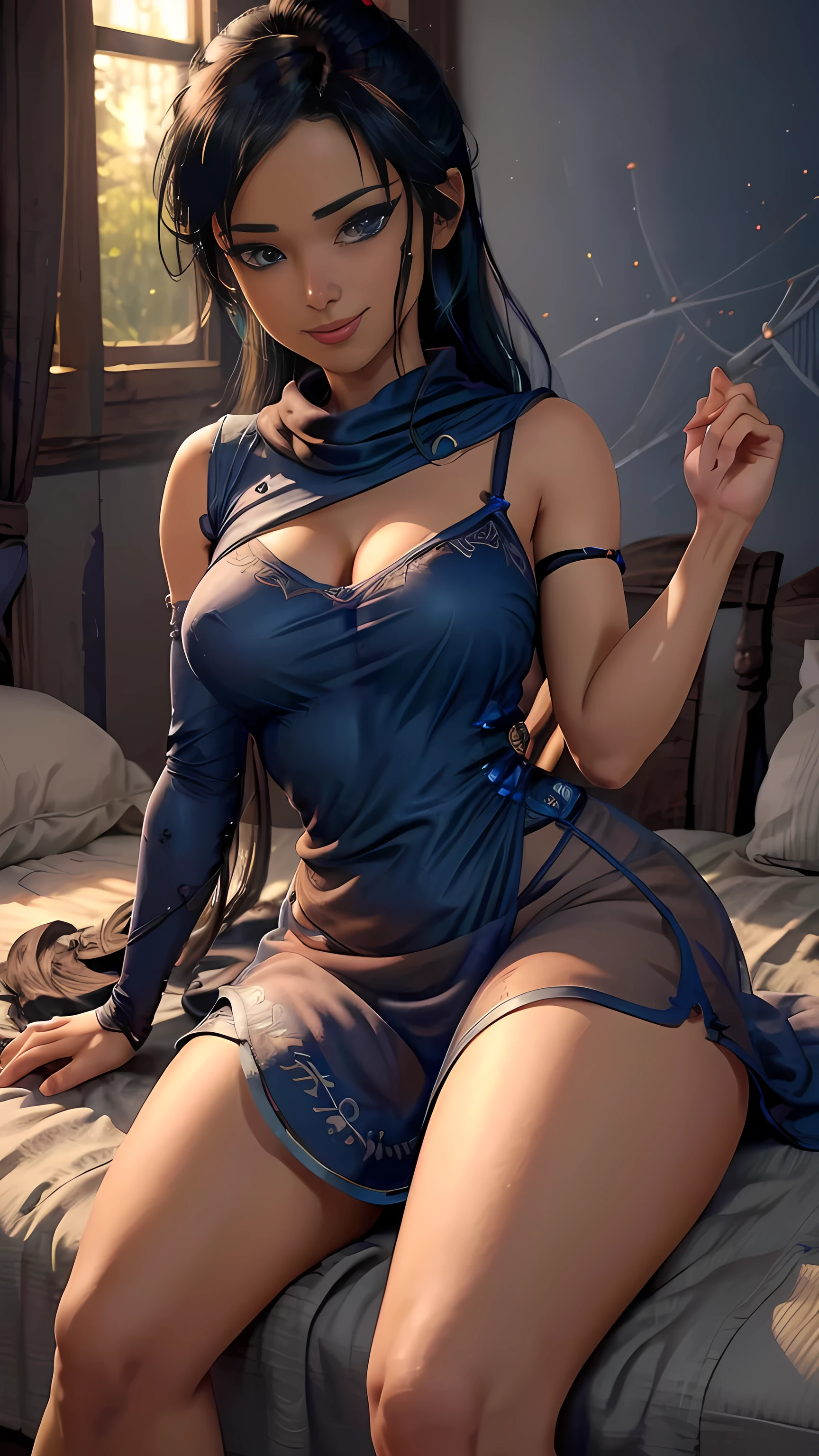 Kena da bridge of spirits,  (best qualityer,4K,8k,high resolution,work of art:1.2)(weather: windy), bedroom, sitting on couch, open legs, cameltoe, bedroom background, long hair,  stockings,ultra detailed,realisitic,portraite,beautiful detailed blue eyes,beautiful detailed lips,extremely detailed eye and face, long eyelashes,sexly, large breasts,flying hair,beaming smile,powerful girl in a bedroom, sexy pose,stunning curves,bright coloured,dramatic lighting,composition, See-Through Dress lingerie