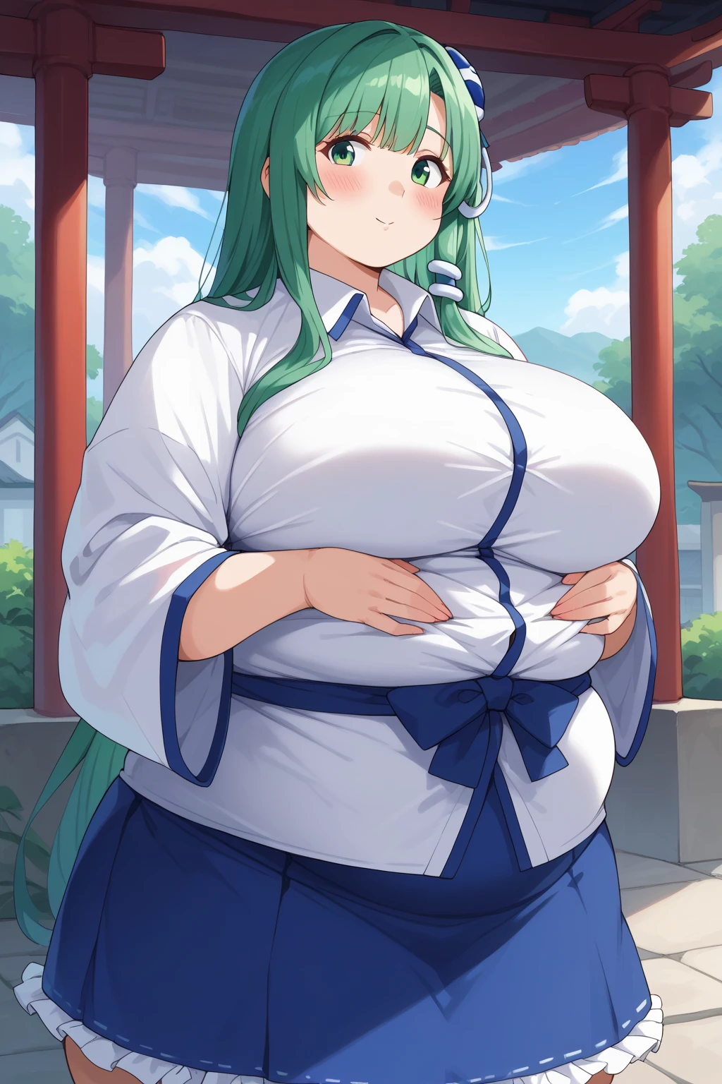 Sanae Kochiya, sanae kochiya,  long hair,  green hair,  green eyes,  Hair Tube, Snake hair ornament, collared shirt,  white shirt,  Detached Sleeves,  wide sleeve over mouth,  blue skirt,  ruffle skirt,  score_9,   score_8_up,   score_7_up,   score_6_up,   score_5_up,   score_4_up,     Masterpiece  ,   top quality,   very aesthetic,   absurd,  Anime Women,   one woman , Alone,  personal  ,  Super huge breasts, ((( super huge clevis, Super huge , Super huge boob))), Curvy,  chubby,  obese body type, blush, Shy woman,  stomach flesh sticking out of clothes,　 sloppy stomach , Shrine grounds,  I'm worried about fat around my stomach ,