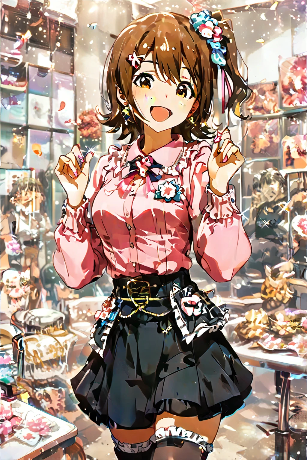 1girl, solo,
kasuga mirai, brown hair, brown eyes, short hair, 1girl, flower, solo, hair ornament,
jirai kei, pink shirt, black skirt, thighhighs, 
(masterpiece、Highest quality、Very detailed)), One girl, gyaru, Large Breasts, open mouth, smile, looking viewer,