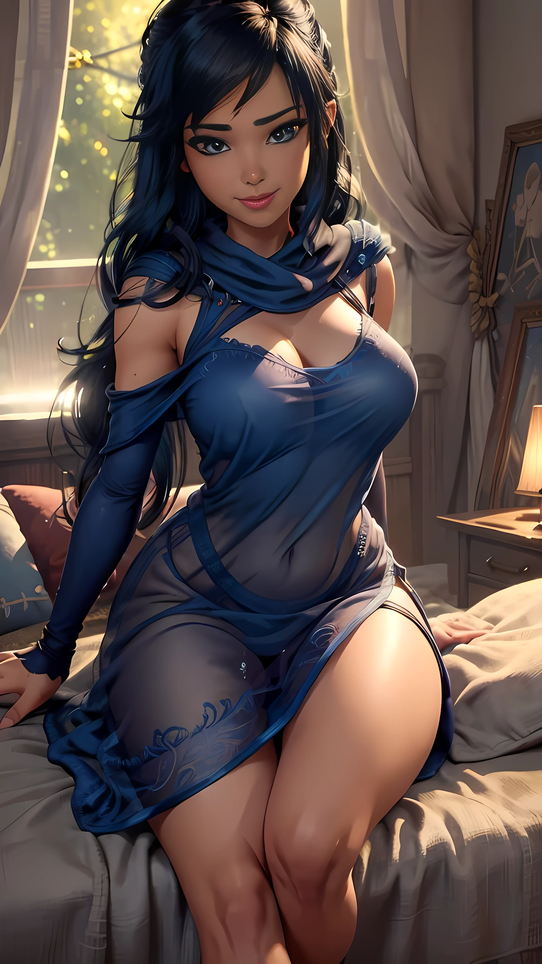 Kena da bridge of spirits,  (best qualityer,4K,8k,high resolution,work of art:1.2)(weather: windy), bedroom, sitting on couch, open legs, cameltoe, bedroom background, long hair,  stockings,ultra detailed,realisitic,portraite,beautiful detailed blue eyes,beautiful detailed lips,extremely detailed eye and face, long eyelashes,sexly, large breasts,flying hair,beaming smile,powerful girl in a bedroom, sexy pose,stunning curves,bright coloured,dramatic lighting,composition, See-Through Dress lingerie