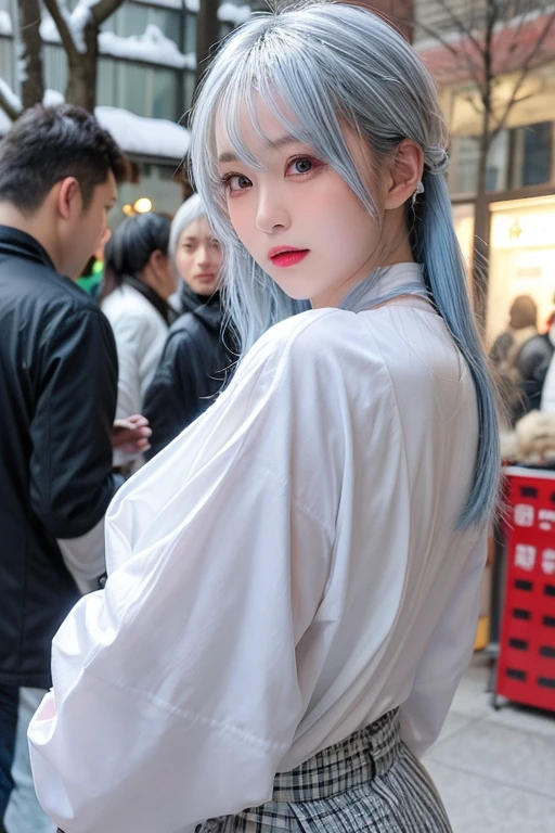 winter, urban area, Tokyo, in the day, gorgeous cityscape, amid the crowd, snowly on the park, dressed in winter fashion, hands behind own back, tilt head forward, fidgeting, expression of heart is pounding with tension, blushing, medium length hair, pale blue and white hair, hair fluttering in the wind, beautiful white-colored translucent skin, slendar figure, adult sexiness, alluring, glossy face, cold and shivering, breathing onto own hands, {realistic}, {cinematic}, {photogenic}