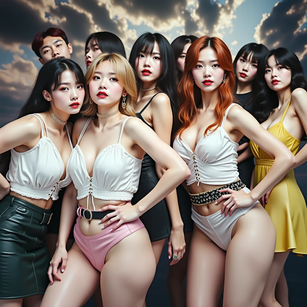 Highest quality,masterpiece,An idol group that is all about sexiness,Completely naked,Nipples,Two-tone hair color,A good friend,Promotional photo shoot,During a break,pubic hair,Photo studio,chatting,Earrings