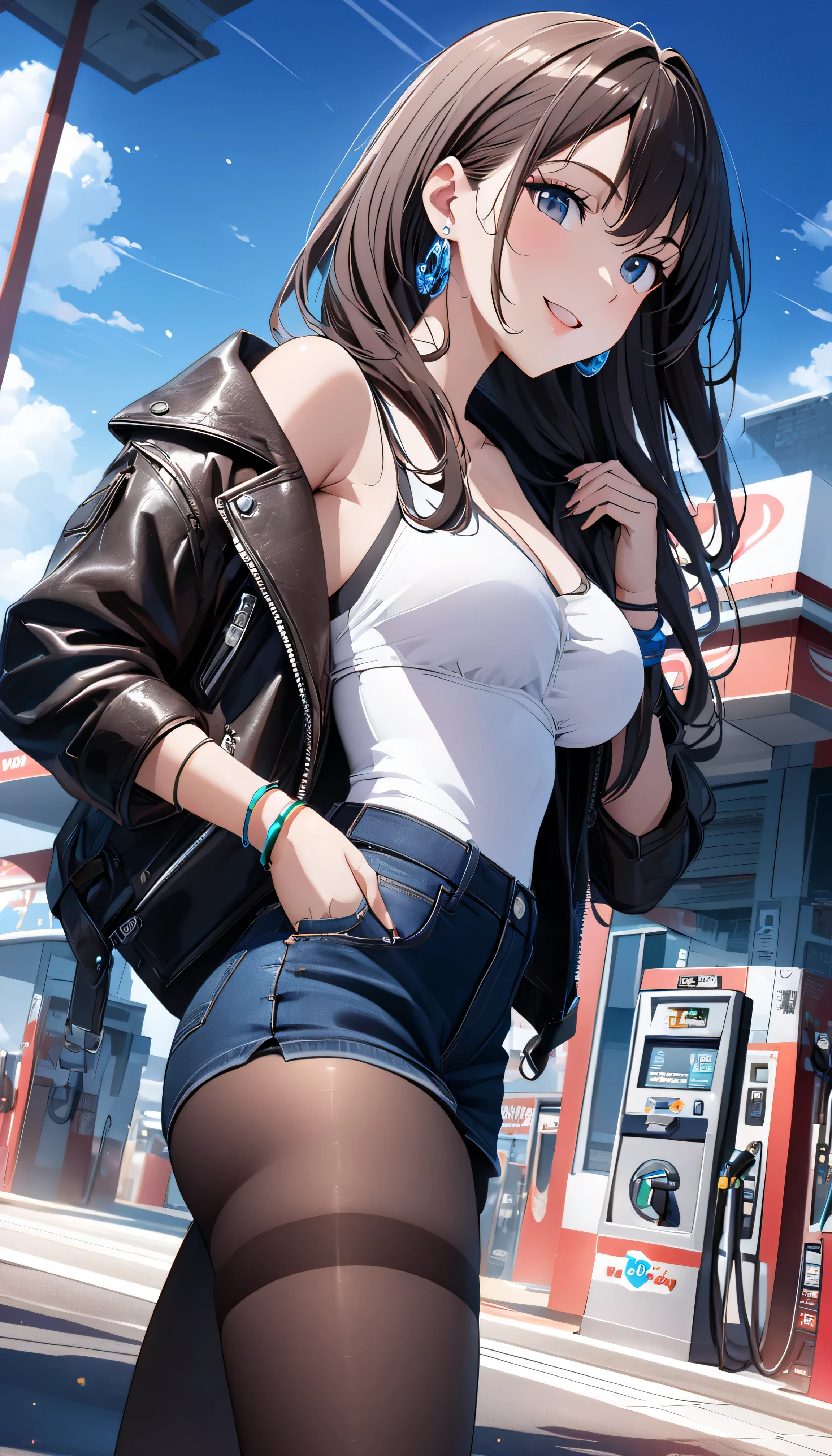 top quality、 Ultra-high precision 、Detailed view、 vibrant colors、Alone、 beautiful girl 、Age 30、gas station 、Refueling Nozzles 、petrol、 asphalt、 blue sky、cloud、 Striped Bikinis 、 Leather Jacket、White Knee Length Tights 、Sponsor logos、Beautiful big boobs 、smile、Beautiful figure、 black twin tail、 slender figure 、 Accurate Description 、 anime style illustration 、 Bracelets 、 earrings for a woman Alone