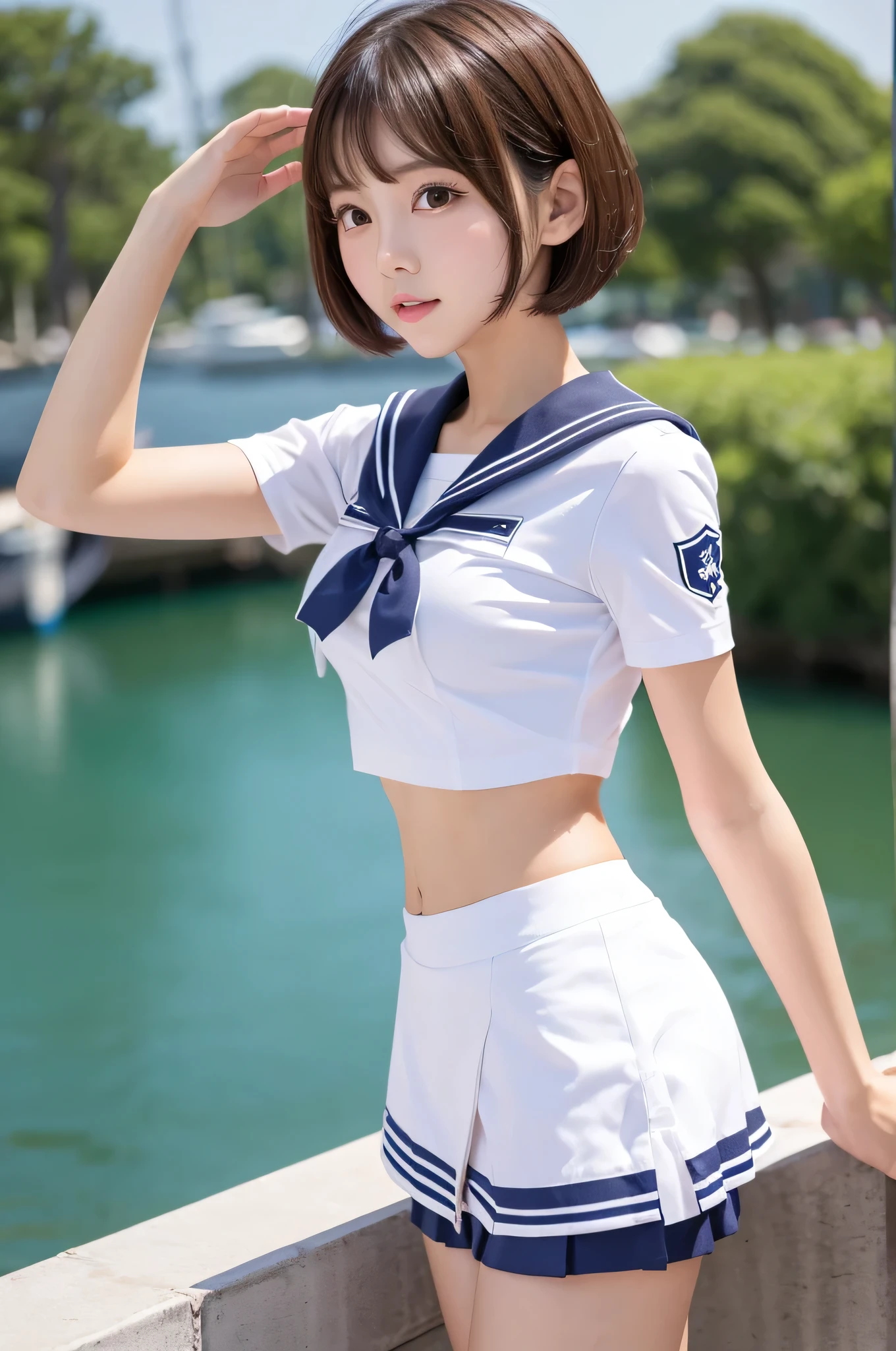 neat college girl, (school uniform, sailor uniform, ribbon tied at chest, summer uniform, upper body white, skirt dark blue, short sleeves), outside the athletic field, (slim), photorealistic, detail, skin texture, ultra detail, delicate and sexy collarbone, smile, super detailed face, detailed lips, detailed eyes, double eyelids, small breasts, small breasts, small, small, flat chest