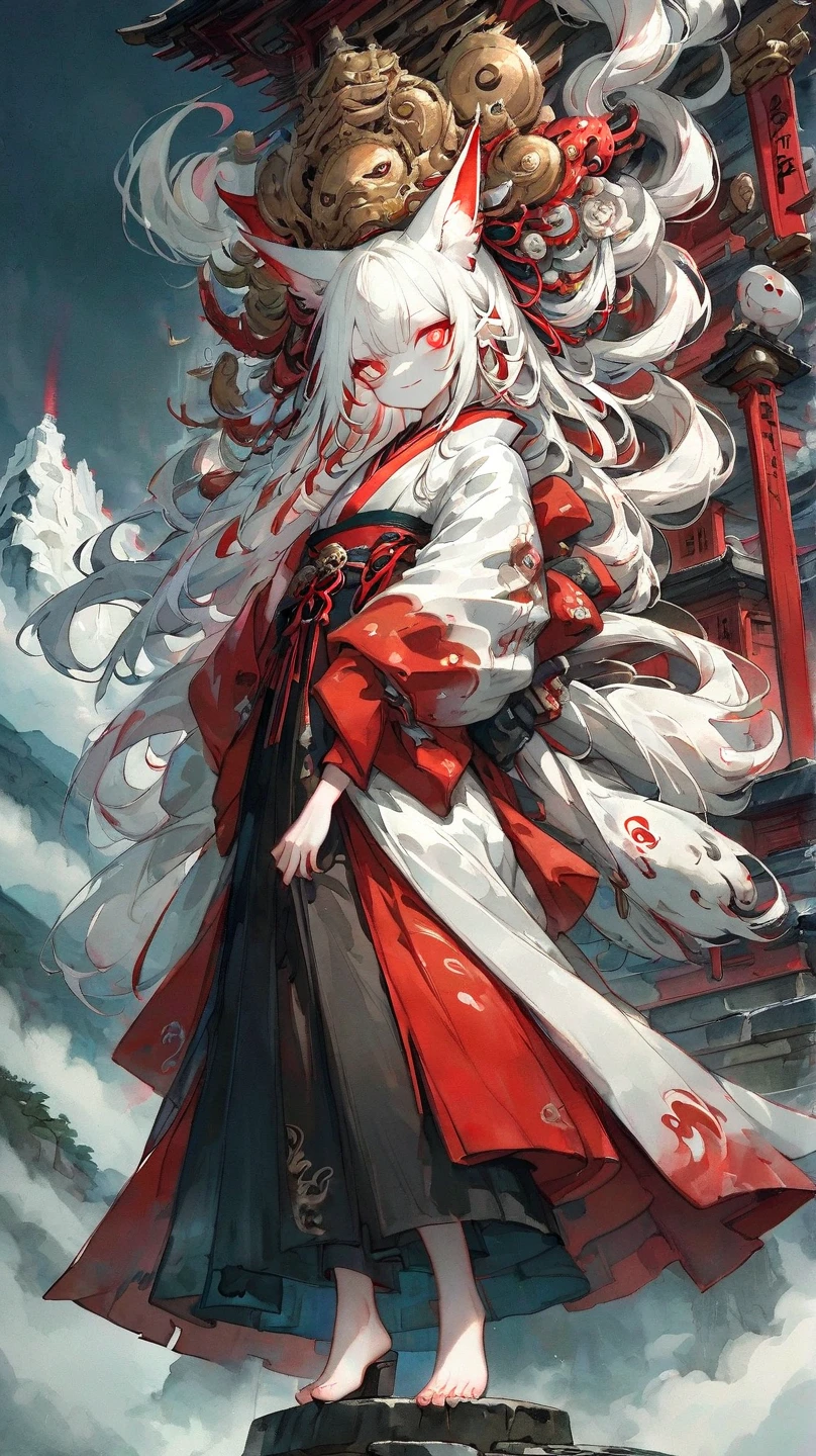 Masterpiece, highest resolution, highest quality, detailed depiction, beautiful, art, watercolor style, Japanese yokai, ((full body shot)),((nine-tailed fox)),front shot 、 Show me all the way to the toes、 anthropomorphized fox, fair skin, slender eyes with distinct red eyeliner, Beautiful silver hair, long hair, fox ears emerging from the head, beautiful white and red kimono,  I can only see my toes from my kimono、I'm wearing black clogs 、cool beauty, midnight,   looking at a shrine 、smile、full body shot,Mountain Background、 4K graphics.