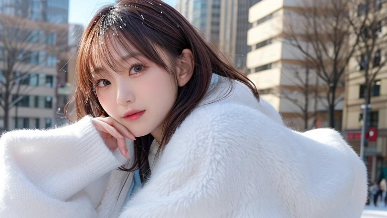 winter, urban area, Tokyo, in the day, gorgeous cityscape, amid the crowd, snowly on the park, dressed in winter fashion, hands behind own back, tilt head forward, fidgeting, expression of heart is pounding with tension, blushing, medium length hair, pale blue and white hair, hair fluttering in the wind, beautiful white-colored translucent skin, slendar figure, adult sexiness, alluring, glossy face, cold and shivering, breathing onto own hands, {realistic}, {cinematic}, {photogenic}