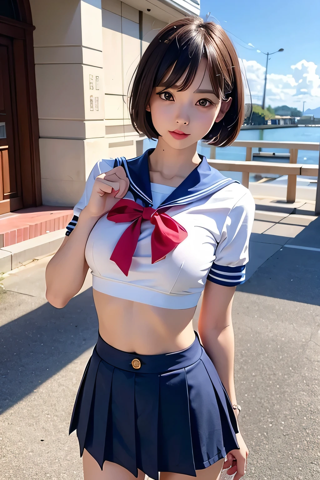 Cute Pretty Girl Idol, Petite, Slim Style, Big Bust, Shortcut Hair, Short Sleeve, Full View of Abs, Sailor Suit, Super Miniskirt