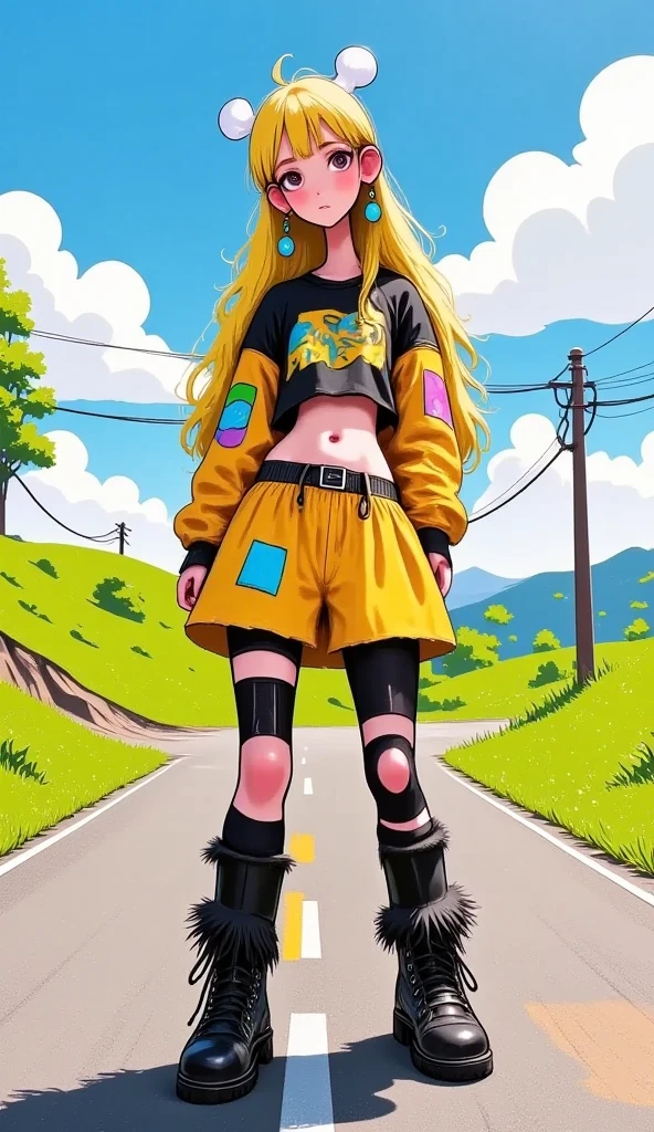 A striking young woman with a rebellious flair, standing confidently on a sunlit paved area at the intersection of a serene countryside and edgy fashion. Her fair skin contrasts sharply with her vibrant yellow and black hair, meticulously braided in a punk-inspired pattern that draws the eye. She is dressed in an ensemble that blends the dramatic with the playful: a black corset-style top hugging her torso, accentuating the youthful energy of her attire, while a bright yellow tulle tutu skirt flutters around her thighs, adding an unexpected touch of whimsy. Her legs are adorned with ripped tights, revealing hints of bare skin that complement the toughness of her black, furry leg warmers and towering platform boots. Her posture is relaxed yet commanding, positioned slightly to the left of the frame, as if she's stepped out of the scene of an avant-garde fashion shoot into the tranquil setting of green rolling hills and tall, swaying trees. The clear, light blue sky above is peppered with fluffy white clouds, creating a picturesque backdrop that contrasts with the industrial touch of the utility poles beside her. The light is soft and natural, hinting at a sunny afternoon, and her neutral expression invites the viewer to appreciate the intricate details of her punk-gothic attire without any prescribed narrative. The composition is uncomplicated, keeping the focus firmly on the subject, and the rural setting serves as an unusual but harmonious stage for her bold fashion statement. This visual captures a moment of quiet rebellion and personal expression, as the young woman stands at the crossroads of nature and urban grit.