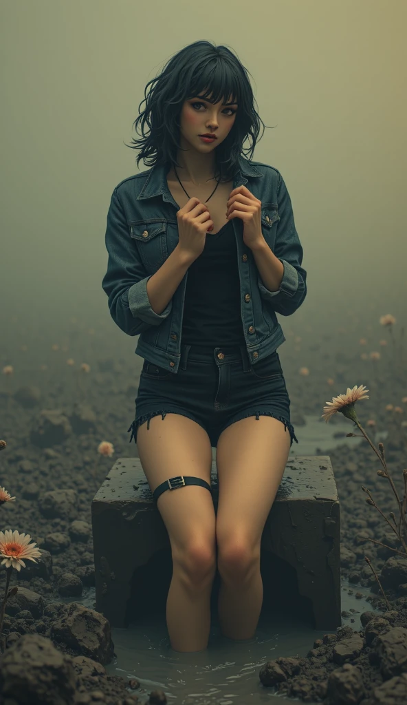 2d simple image, artistic stuck, jeans cut-offs,  bold stockings with garters,denim jacket, girl seductive sinking in sludge bog field,  void background, muted vintage,