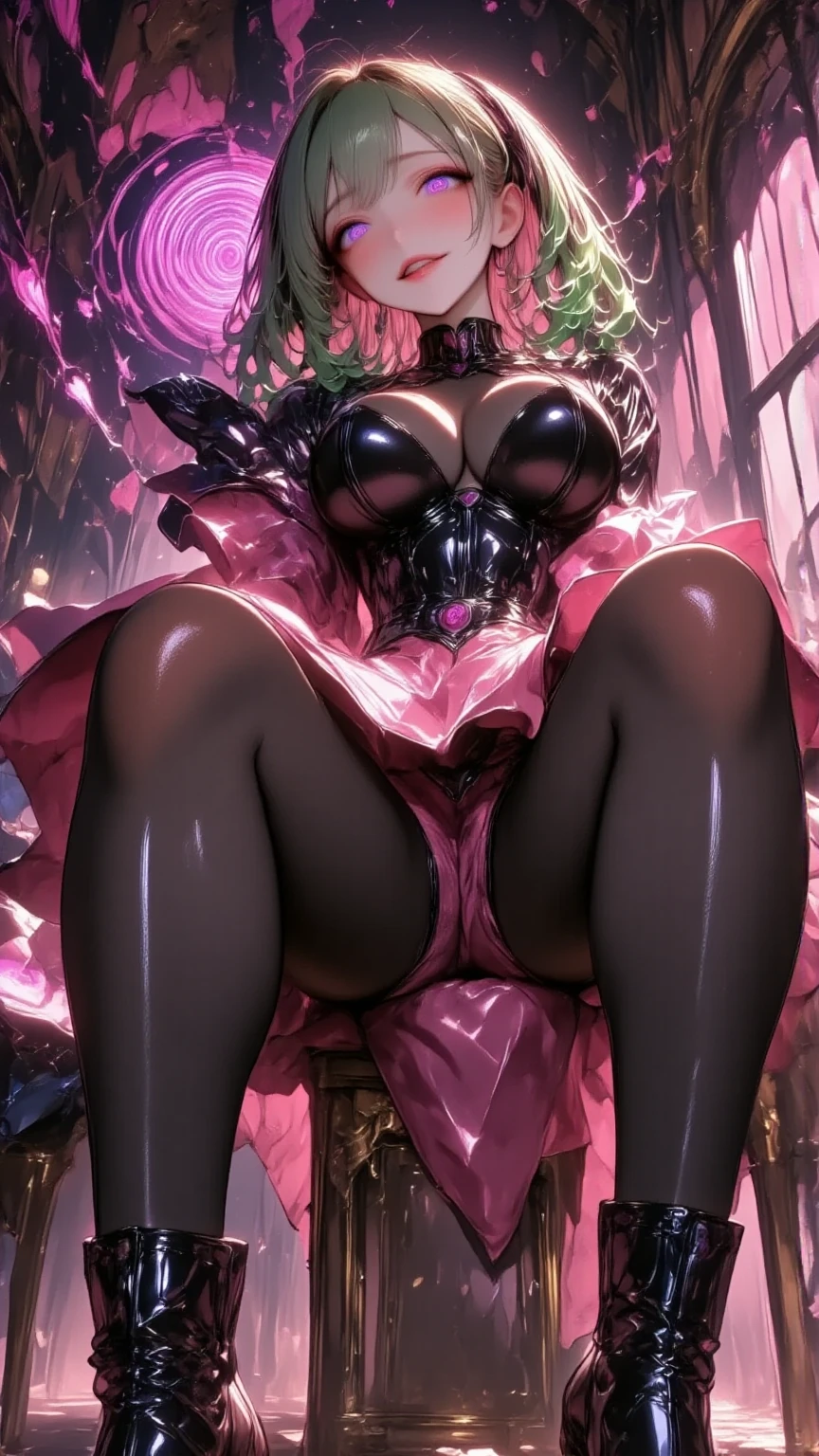  1 mature beautiful woman ,(masterpiece, top quality, very detailed depiction, incredible high resolution,High quality anime drawings),(Magical girl costume based on black and pink, latex bodysuit, Body Stocking,Pink Skirt, black tights, thigh high boots , high heels),( green hair,Swirling Eyes,Purple Eyes, Mind Control :2.0,hypnotism, glamorous body ,Shadowed face, bewitching expression,Fall,Fallen into evil,Being manipulated,Beautiful legs, healthy legs,Seductive gestures), standing:2.0, full body image :2.0