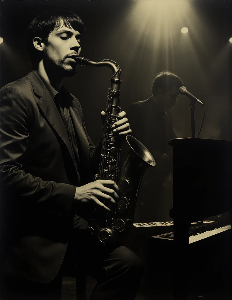  A jazz musician in a sharp suit plays the saxophone on a stage surrounded by darkness,  he closes his eyes and immerses himself in the music .  The smoky room is filled with low whispers from the audience , Fascinated by the sweet melody .  his fingers dance skillfully on the keyboard ,black
 