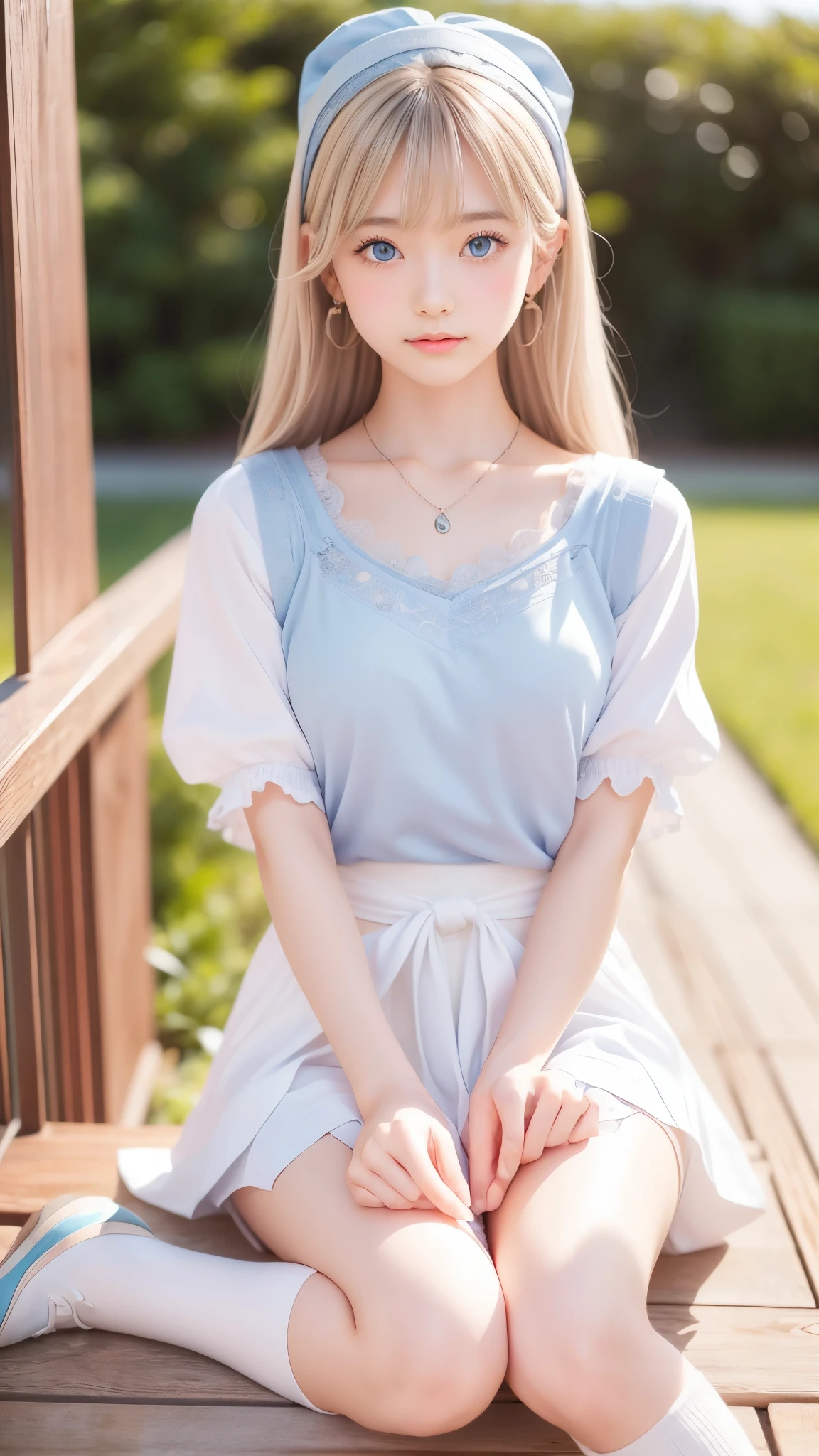 ((detailed face, cute face)), (She is wearing a long white embroidered skirt, a red blouse with lace, a white apron tied around her waist, blue socks, and brown leather shoes, blue scarf is on her head. Yes, her accessories include necklaces, earrings, and bracelets. 1 Girl)), Ultra High Resolution, (Realistic: 1.4), RAW Photo, Best Quality, (Photorealistic Stick), Focus, Soft Light, (()), ((Shiny platinum blonde silk super long straight hair, beautiful shiny bangs, big clear sky blue eyes, very beautiful bright eye highlights )), (( (young face))), (surface), (depth of field), masterpiece, (realistic), woman, bangs, ((1 girl))