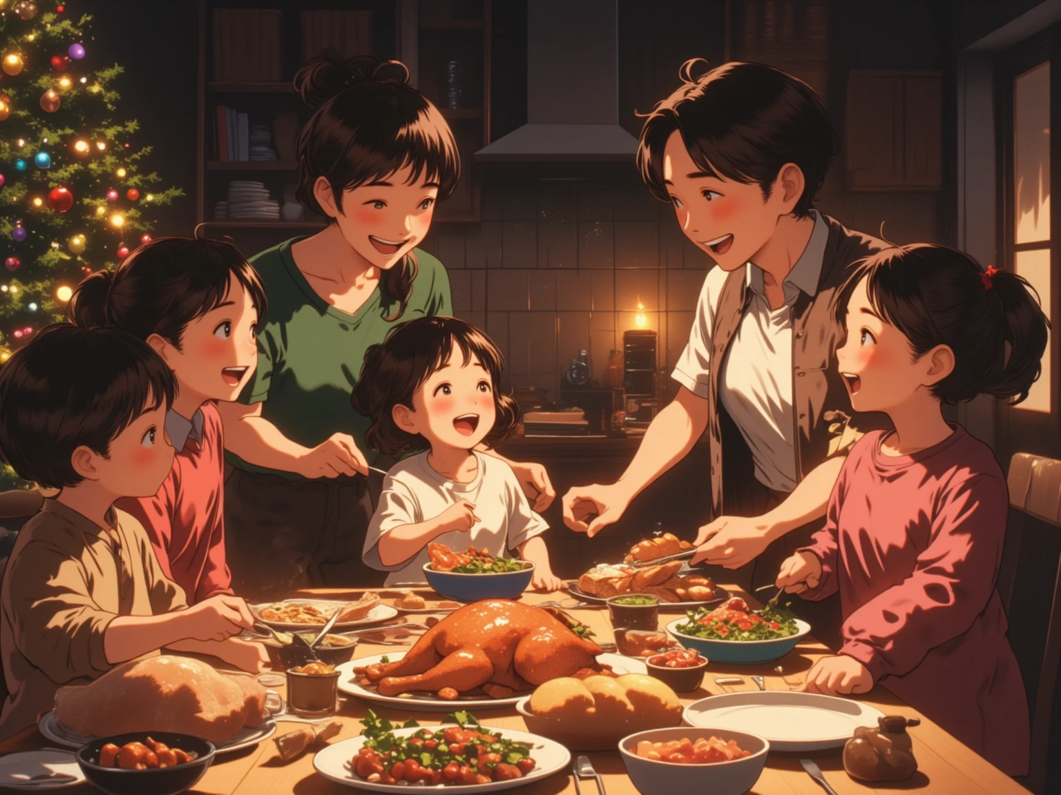 (Masterpiece, high quality, high definition, 4K, 8k,（（ anatomically correct human body 、Detailed face））detail、）、Christmas  scene at night 、Cute Animeスタイル、パパandママandお姉ちゃん（）and（）A family of 4 is 、 getting ready for the Christmas  、 everyone is chatting happily and laughing、 chicken and cake on the table 、bread、シャンbreadが並んでいる、 Christmas tree decorations are shining、The happy atmosphere of the family is conveyed 、Cute Anime 、（ anatomically correct human body 、Detailed face、）