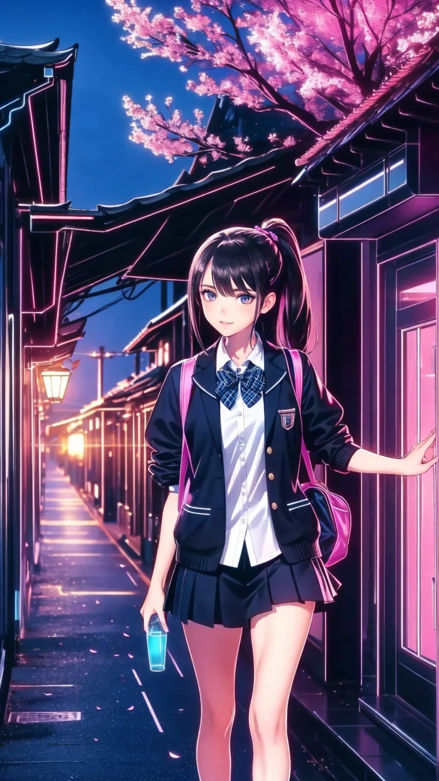 ((8k,  top quality, masterpiece: 1.3)), super high resolution,( 1 girl, Alone), ( Color changing eyes,  ultra detail, Expressive brilliance,  glitter,  glowing eyes),  extremely detailed eyes,  very detailed face, Random Hair, (( pastel colors)),Dressed in a navy-blue  school uniform with a pleated skirt and white blouse,  a girl is walking down a quiet street ,  rucksack on one shoulder . Her long,  black hair tied in a pretty ponytail ,  hall posing in studio with . 通りはcherry blossomsの木に囲まれている, cherry blossomsの花びらが彼女の周りを舞っている,  creates a picturesque landscape .  as she humps a song 、 has a slight smile ,  enjoying a quiet walk to school .  The sun has just risen  , Soft Cast,  the golden color that spreads through the scene ,  and a light breeze softens the hem of her skirt. ( early morning,  school uniform,   gentle expression ,  cherry blossoms)