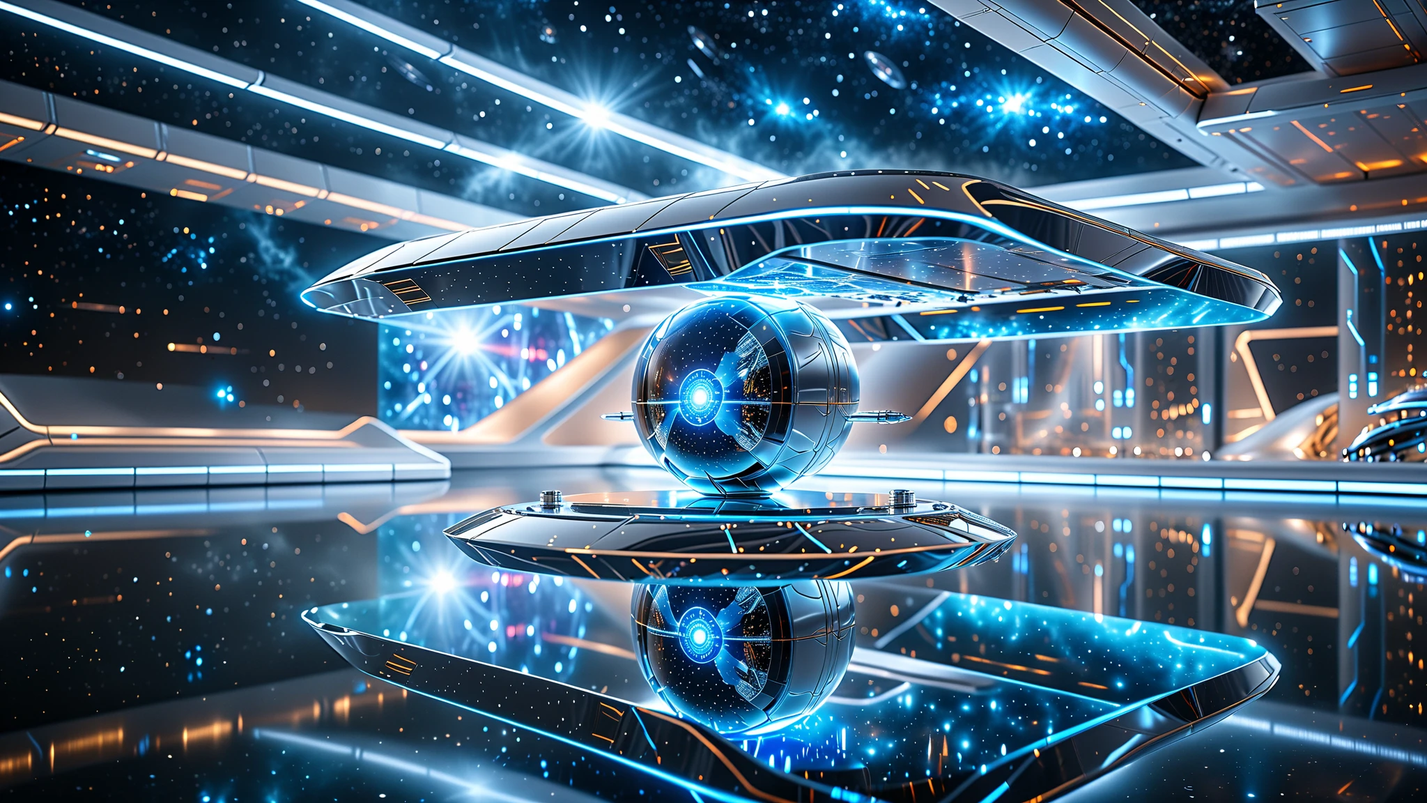 A Masterpiece In 32K Resolution, Supreme Quality, Super Detail, Official Art, Very High-Resolution 32K Wallpaper, Beautiful And Aesthetic, Ultra-Detailed Features, Awe-Inspiring Detail. A Futuristic Spacecraft Docked In A Glowing Space Station, With Earth Visible In The Background. The Spacecraft Has Intricate Designs With Glowing Blue Thrusters And A Metallic Finish. Inside The Station, Advanced Equipment And Holographic Control Panels Are Prominently Displayed. The Lighting Creates An Ethereal, Otherworldly Vibe.