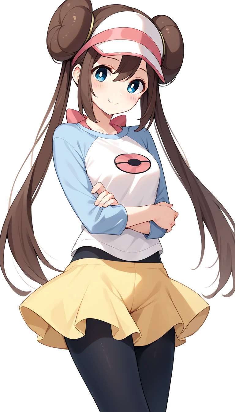 16k,masterpiece,best quality,beautiful,super detailed,rosa, brown hair, double bun, doughnut hair bun, hair bun, blue eyes, hair between eyes, twintails, pantyhose, pantyhose under shorts, raglan sleeves, skirt, yellow skirt, white shirt, blue sleeves, long sleeves, visor cap,blush,light smile