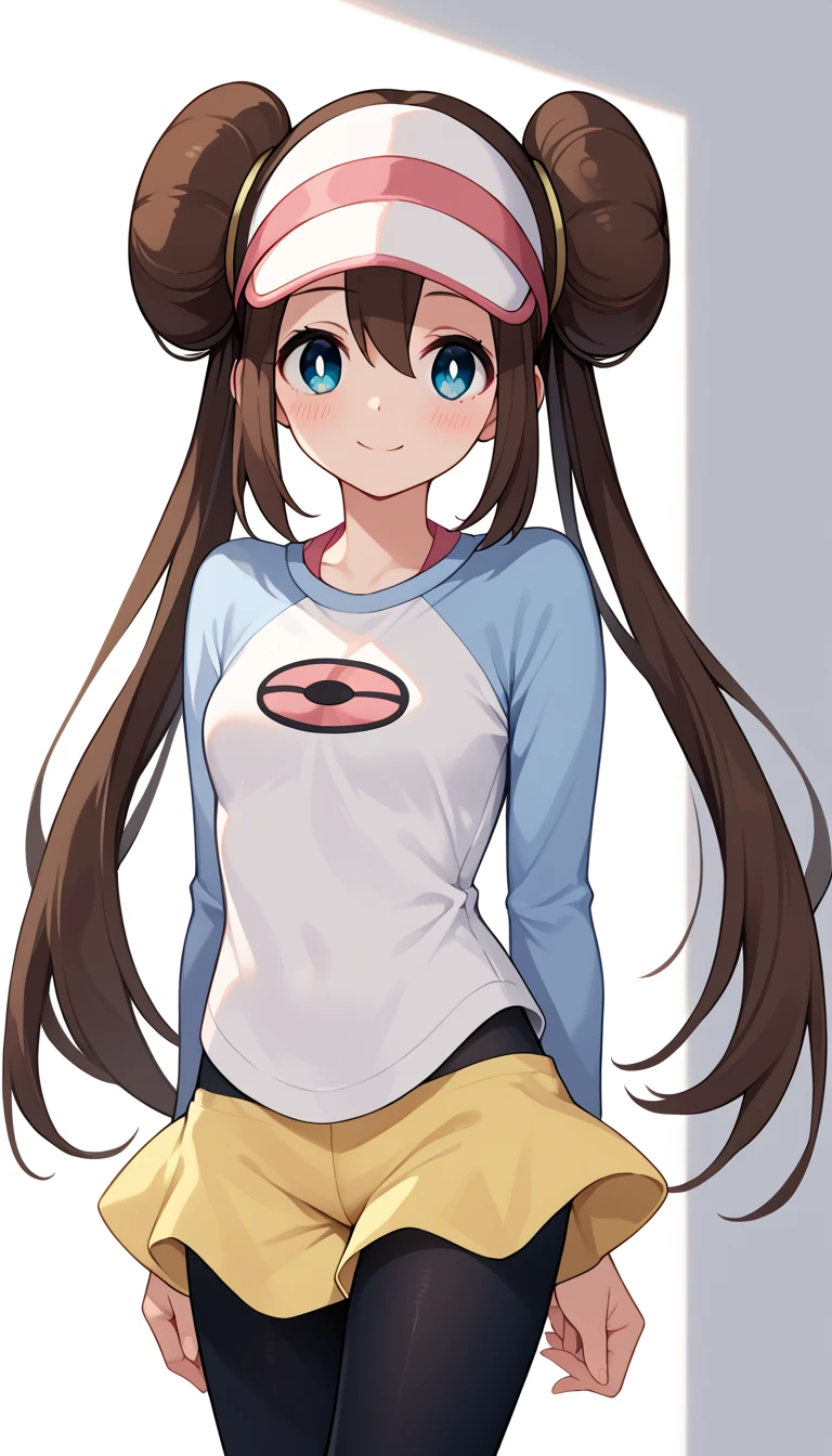 16k,masterpiece,best quality,beautiful,super detailed,rosa, brown hair, double bun, doughnut hair bun, hair bun, blue eyes, hair between eyes, twintails, pantyhose, pantyhose under shorts, raglan sleeves, skirt, yellow skirt, white shirt, blue sleeves, long sleeves, visor cap,blush,light smile