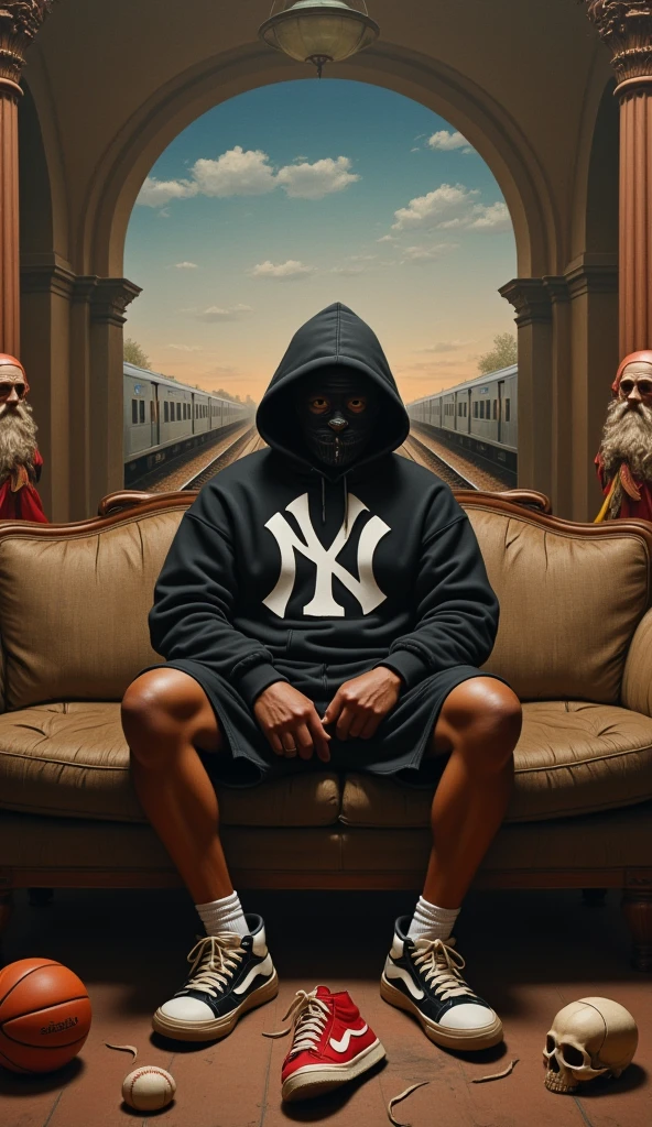 A surreal artwork inspired by classical Renaissance paintings, depicting a modern urban character sitting on a worn-out couch. The character wears a black hoodie with a large 'NY' logo, a ski mask, and oversized basketball shorts. The setting is a mix of classical and urban styles: an arched background with a Renaissance-style sky and a subway train on tracks. On the ground around the couch, there are scattered items like sneakers (one red and white, one black and white), a basketball, a baseball, and a skull. The lighting is dramatic and soft, highlighting the contrast between old and modern aesthetics. Include two blurred figures in classical robes on either side of the main character, resembling Renaissance-style apostles.