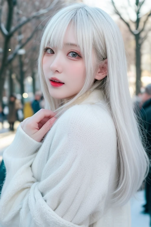 winter, urban area, Tokyo, in the day, gorgeous cityscape, amid the crowd, snowly on the park, dressed in winter fashion, hands behind own back, tilt head forward, fidgeting, expression of heart is pounding with tension, blushing, medium length hair, pale yellow and white hair, hair fluttering in the wind, beautiful white-colored translucent skin, slendar figure, adult sexiness, alluring, glossy face, cold and shivering, breathing onto own hands, {realistic}, {cinematic}, {photogenic}