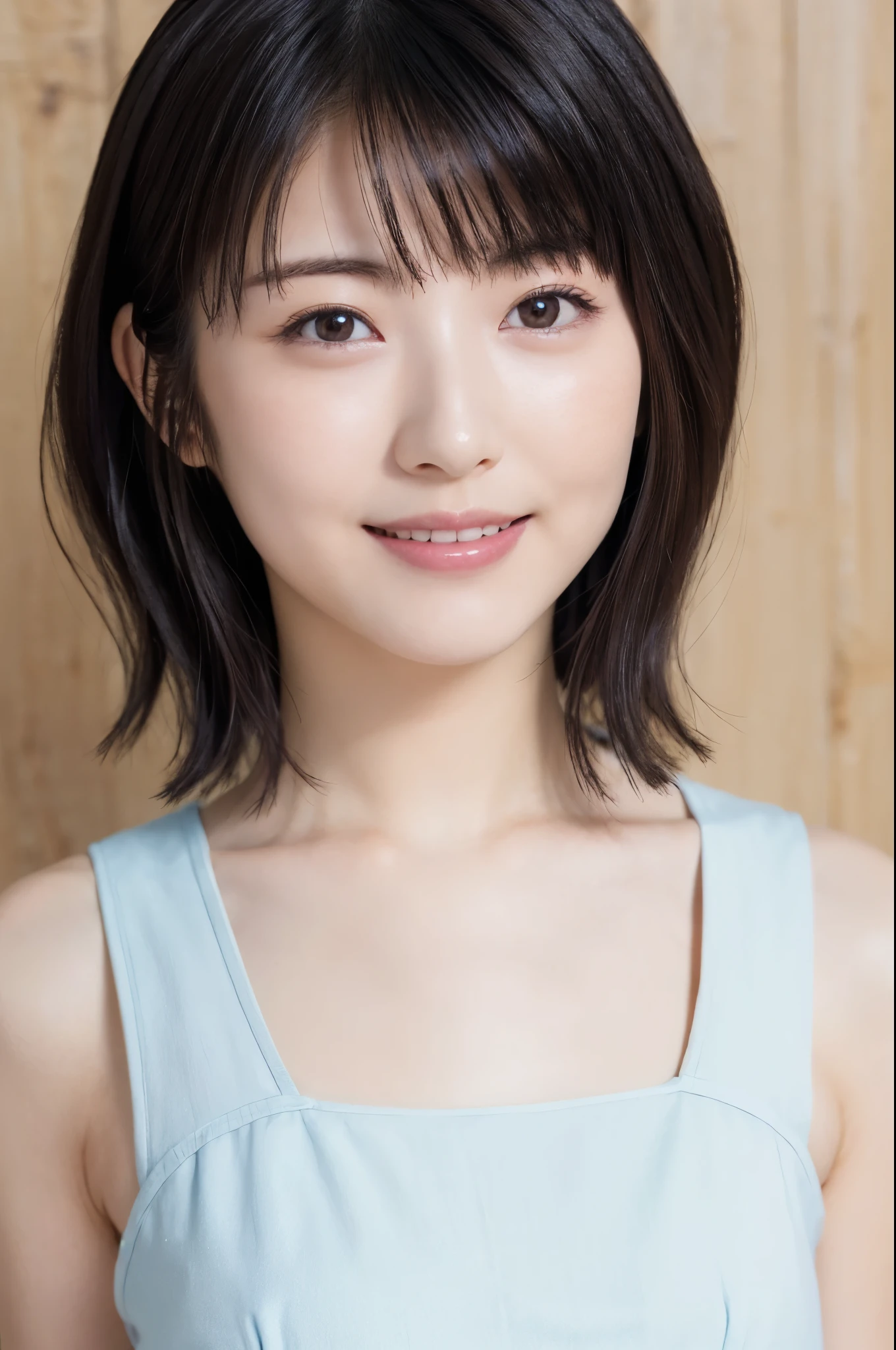 ( super beautiful girl :1.2), neat and clean woman , Masterpiece , top quality, Great Skin, delicate face, cool smile, Young Face, clean looking , sparkling eyes , double eyelids 、 (( high definition )), (( High Definition CG Unity 8K Wallpaper )), short hair, bangs, elegant rounded bob, the face is facing the front 、 A woman dressed in pastel colors 、 An attractive and captivating , dim room, sentimental、Take a picture above the crotch、( thin)