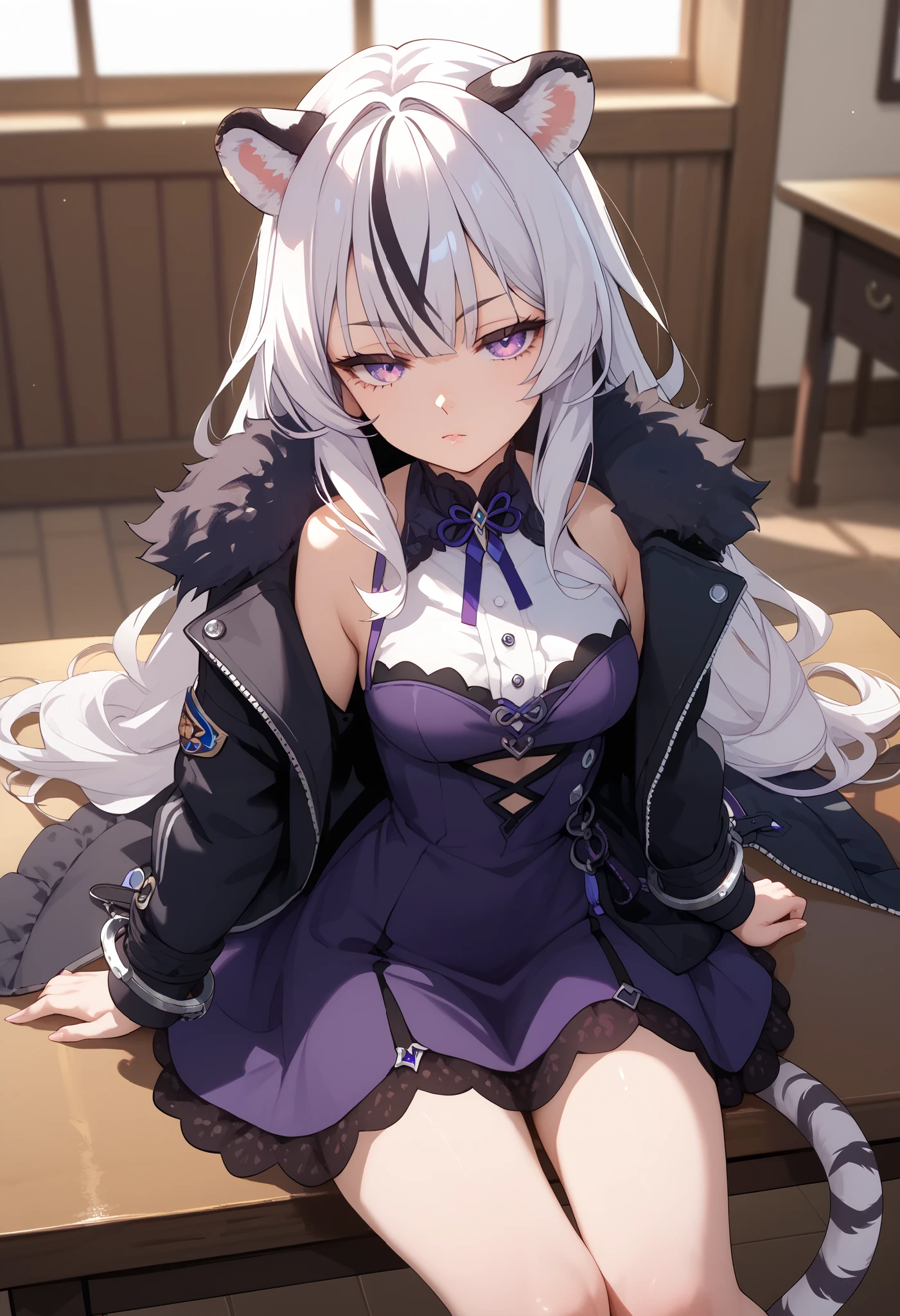 ((masterpiece)), anime lighting, 1girl, solo, long hair, white tiger ears, white tiger tail, open eyes, purple eyes, half-lidded eyes, sadistic smirk, sitting on table, black jacket, purple dress, black dress, multicolored dress, Handcuffs on the table, fur on jacket, 