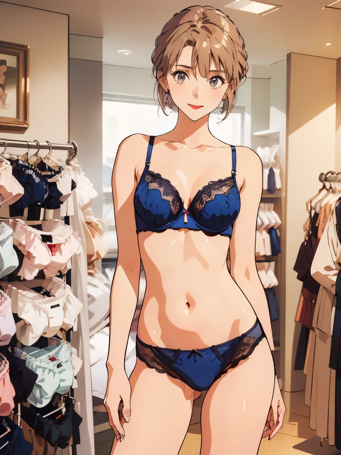 nsfw,masterpiece, top quality,  super detailed, ((((time_ Sumeragi ,  summary hair ,  best anatomy ,   innerwear , ( panties, elaborately designed luxury  panties for adults,  panties high definition images, draw  panties with super precision),  lace trim bra ,   very detailed texture,  earrings,  red lips,  embarrassing, , smile)))),  cowboy shot, (((underwear   innerwear  store))),  white skin, (presenting  panties), Underwear store interior, display  panties, (underwear section filled with many  panties), ( panties taken off)