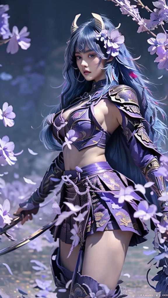  A young Japanese woman , warrior, serious,, Combat Stance, wielding a sword,  very detailedな, realistic,  full body view,  Brilliant Appearance , Creative Action,  extremely detailed, Imaginative,  sensual,  Spontaneous ,  top quality,  skin texture,  (((long hair))),  (((hair over eyes))),  ((midnight blue hair)),   toned body,  ((huge breasts)),  Big Breasts,   plump thighs,   The purple armor with a thistle flower pattern engraved on it is bikini type and is designed to accentuate chest exposure,  ( Wear a black cloak with a thistle flower pattern ),  peplum skirt,   black shin guard with thistle flowers engraved ,  White high-leg underwear ,  Black tights,   absolute domain,  Intricate Details , ( Cinematic Lighting ),  Dramatic lighting,  ((A dark night sky full of stars)),  ((The background is full of blooming thistle flowers )),  (( Large thistle flowers blooming in full bloom on the front )),(confetti),   RAW photos , 8k, masterpiece,   top quality, Ultra Details , very detailed,  Intricate Details , high definition ,超 Intricate Details, very detailed 8k cg wallpaper,