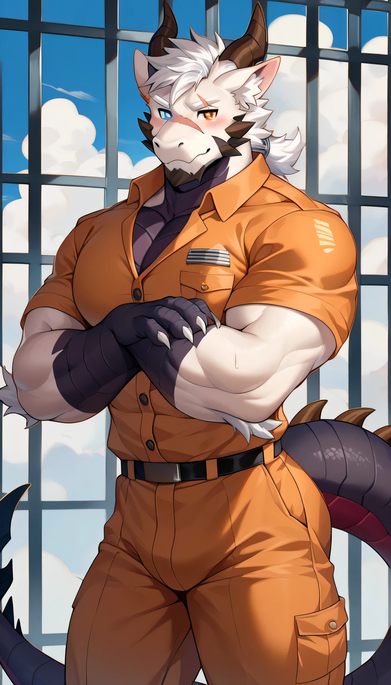 masterpiece，最 in high quality ，16k， very detailed  ， exquisite details ，Magic Style，male， ultra high resolution ，( dark circles under makeup  ),(Heterochromic pupils:1.5)， scar passing through the eye  ，Fierce expression，  wear black gloves  ， Handsome，Oriental Dragon,  white fur  ,  black scales  ,   furry,  sweating  ,  meticulous eyes,Big Muscle,  Handsome's,(Strong physique :1.3),   Handsome, The prisoner is dressed ,   in high quality ,    Super Detailed  ， are of the best quality,  ( standing in the cell ),( blue sky and white clouds),(Dragon Horn),(Dragon Tail),(Dragon's beard ), Unique ,((Strong)),   from behind perfect proportions  ,  blush,( Wearing prison uniform:1.5), has an X symbol on the prisoner's uniform,(Dragon Claw:1.3),( pink blush.:1.2),More details,CG,