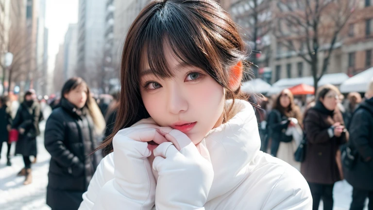 winter, urban area, Tokyo, in the day, gorgeous cityscape, amid the crowd, snowly on the park, dressed in winter fashion, hands behind own back, tilt head forward, fidgeting, expression of heart is pounding with tension, blushing, medium length hair, pale yellow and white hair, hair fluttering in the wind, beautiful white-colored translucent skin, slendar figure, adult sexiness, alluring, glossy face, cold and shivering, breathing onto own hands, {realistic}, {cinematic}, {photogenic}