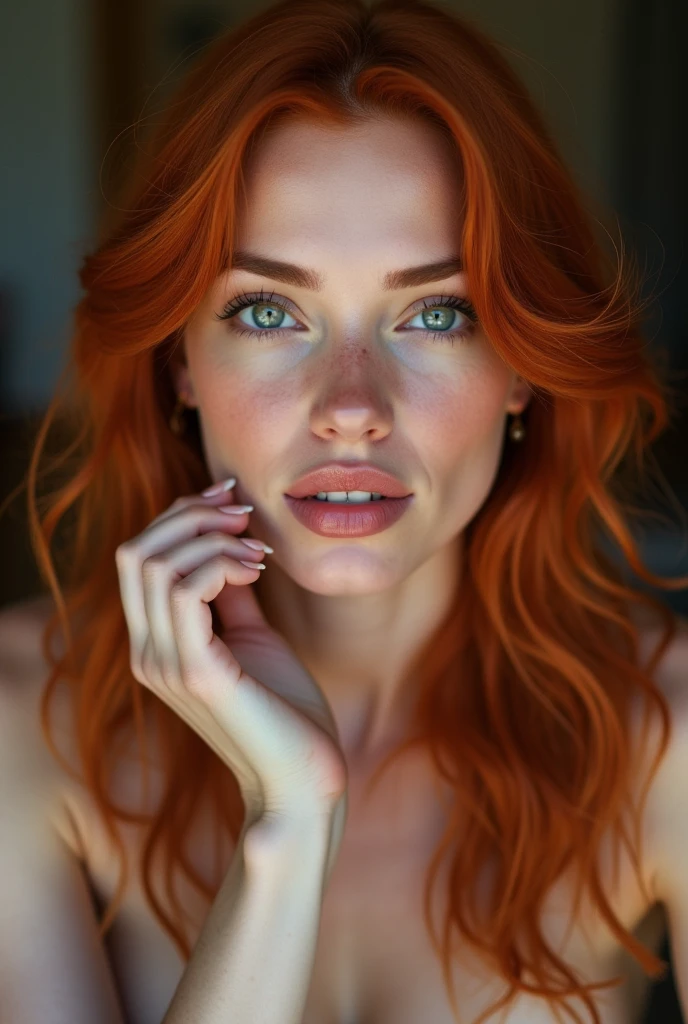 hermosa dama, Pecas, redhead, hyperdetailed photography, Luz suave, Pecho grande