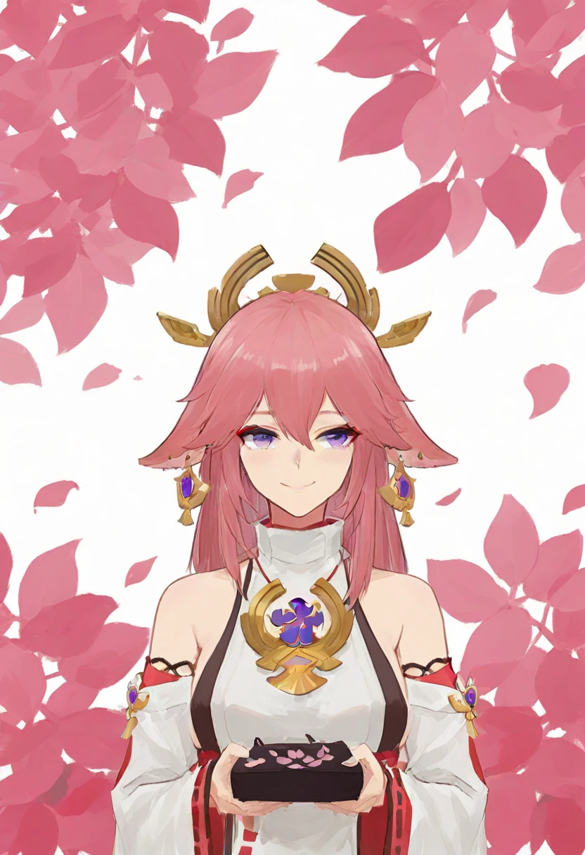 1 Girl,  Yae Miko,  unique ,  pink hair,  purple eyes,  long hair,  Watching the Audience , Animal ears,  white background ,  fox ears,  hair between eyes , Jewelry, Shirtless, earrings, breast,  Simple background , petal,  Smile,  upper body, Shut up, Japanese clothing, Separate sleeves, Eyeshadow,  Hair accessories , cosmetic, Direct vision, shirt, white shirt, Unconventional witch, falling petal, sleeveless 
,, masterpiece, are of the best quality, in the gift box is very beautiful, ridiculous results 
